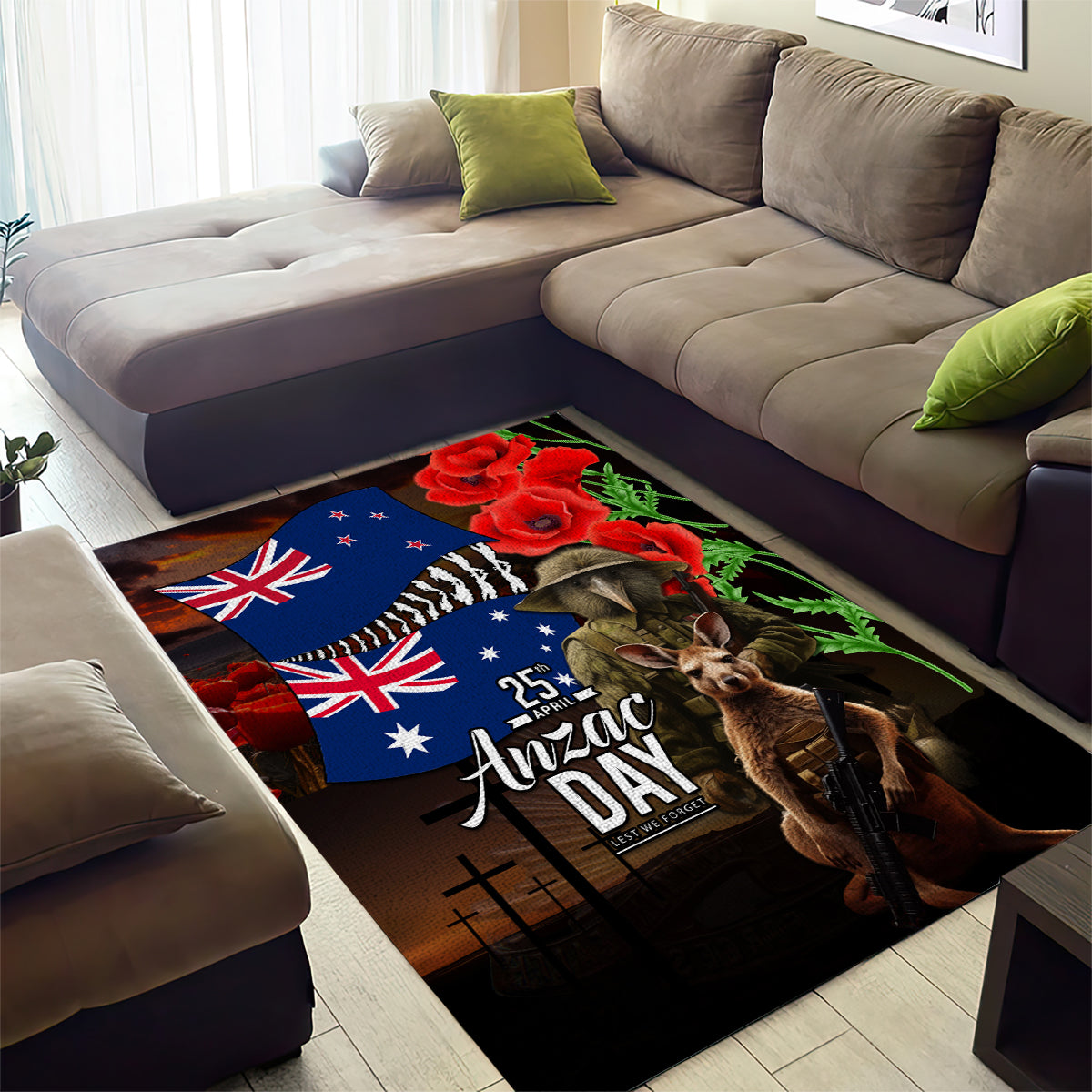 New Zealand and Australia ANZAC Day Area Rug National Flag mix Kiwi Bird and Kangaroo Soldier Style