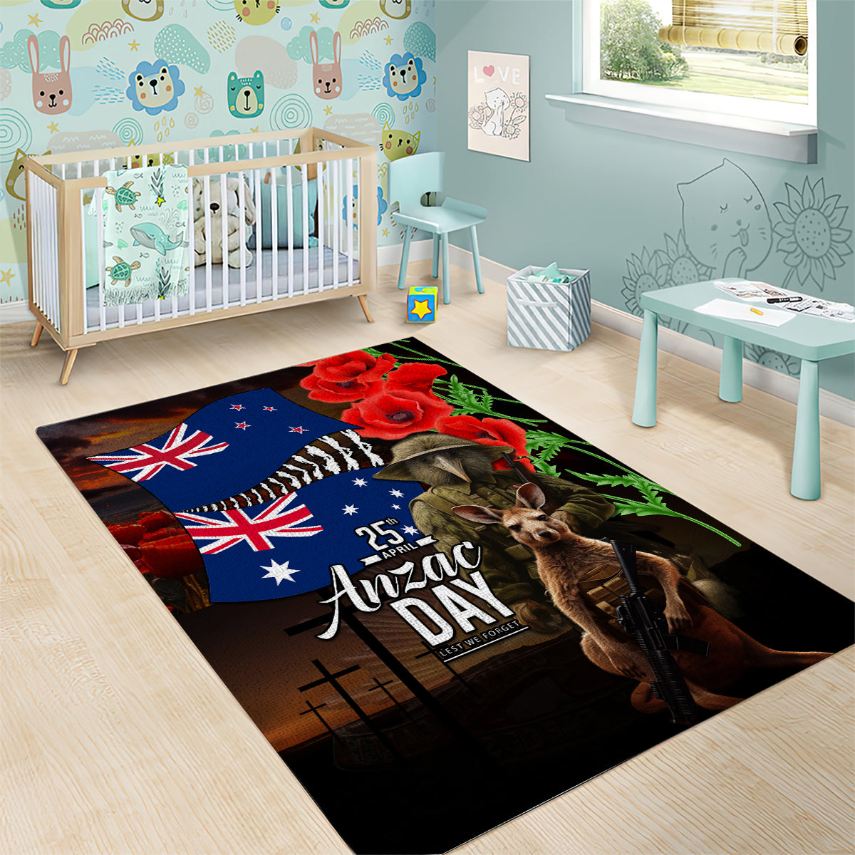 New Zealand and Australia ANZAC Day Area Rug National Flag mix Kiwi Bird and Kangaroo Soldier Style