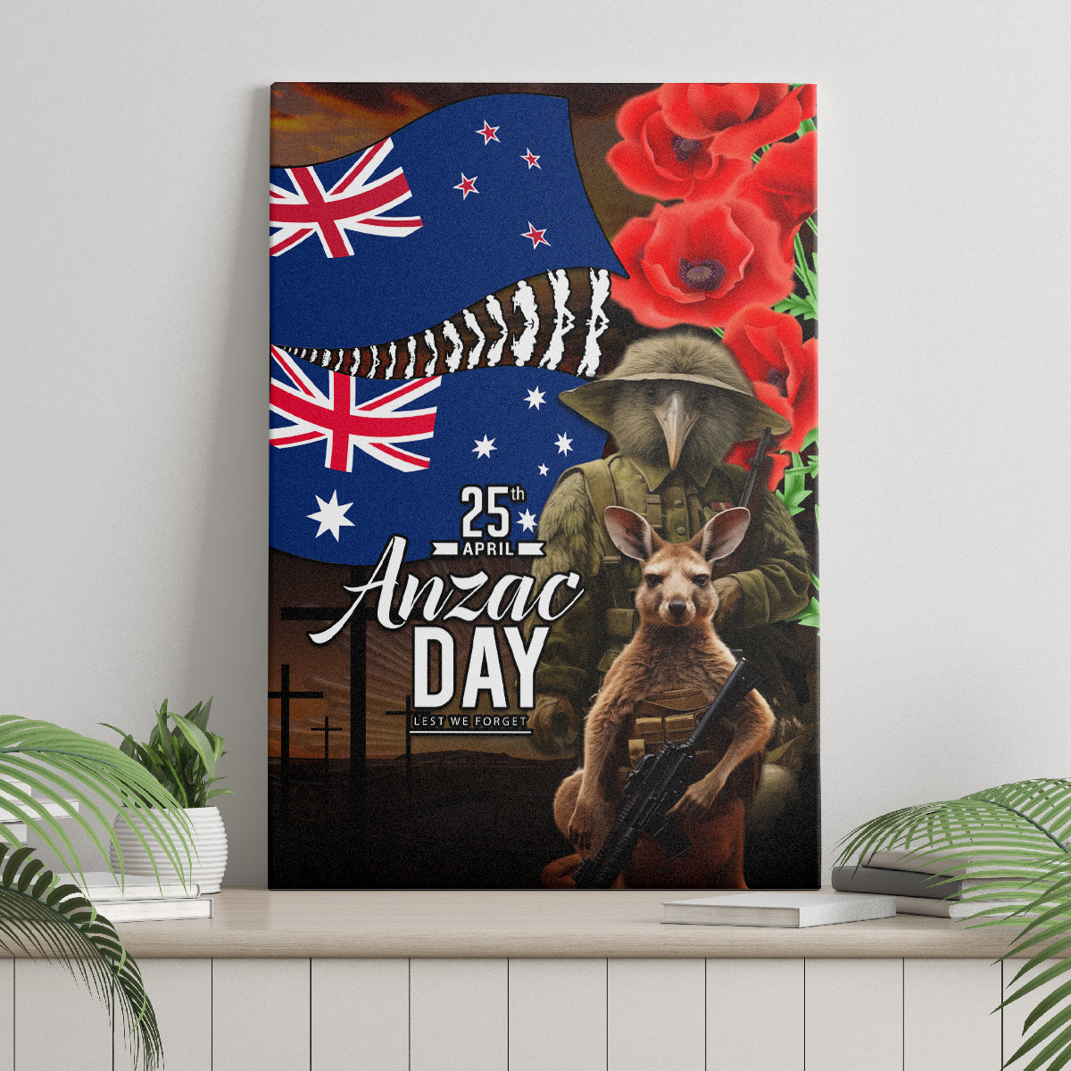 New Zealand and Australia ANZAC Day Canvas Wall Art National Flag mix Kiwi Bird and Kangaroo Soldier Style