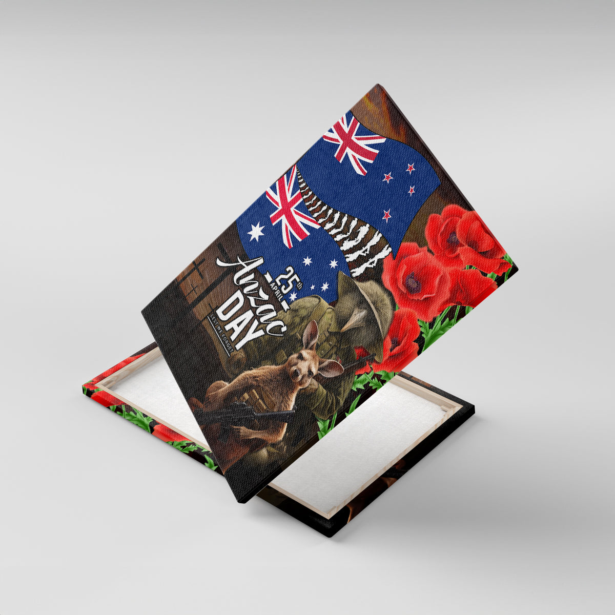 New Zealand and Australia ANZAC Day Canvas Wall Art National Flag mix Kiwi Bird and Kangaroo Soldier Style