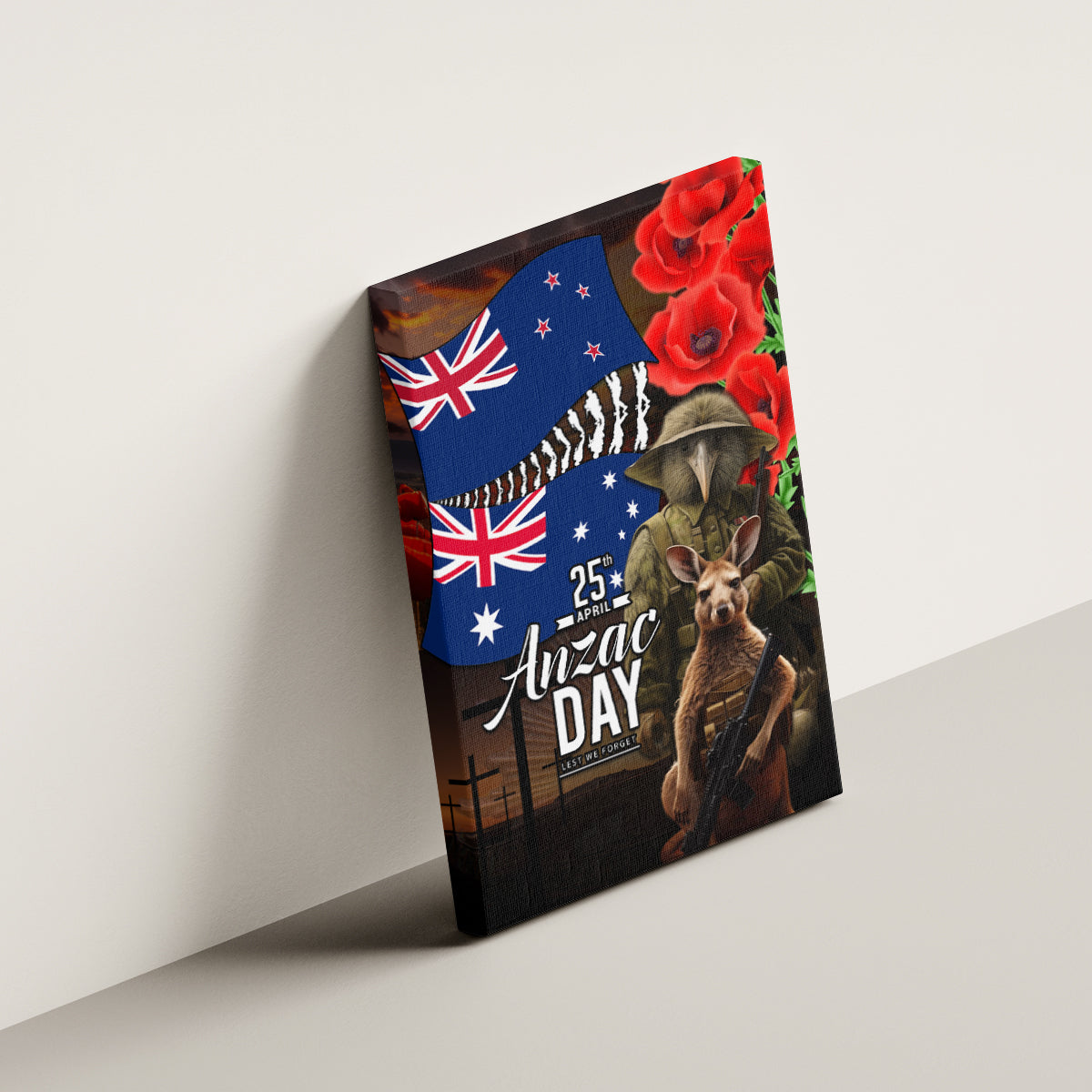 New Zealand and Australia ANZAC Day Canvas Wall Art National Flag mix Kiwi Bird and Kangaroo Soldier Style