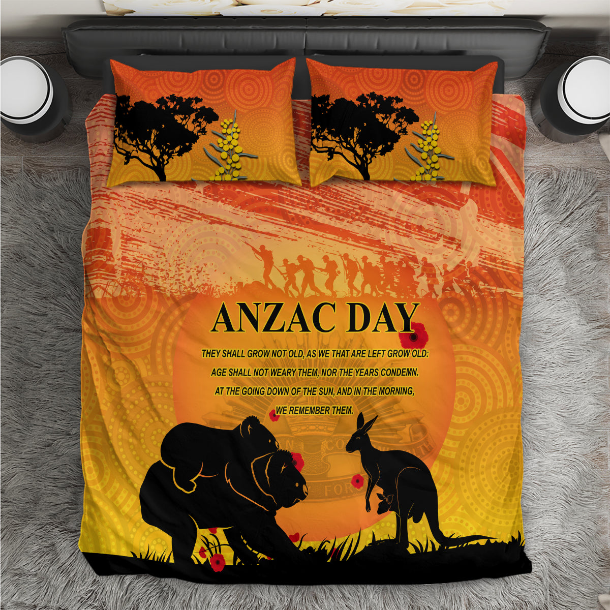 Australia ANZAC Day Bedding Set Koala and Kangaroo Respect Aboriginal Pattern