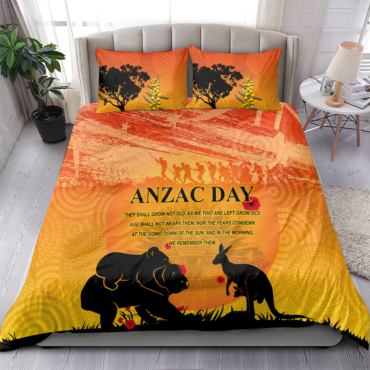 Australia ANZAC Day Bedding Set Koala and Kangaroo Respect Aboriginal Pattern