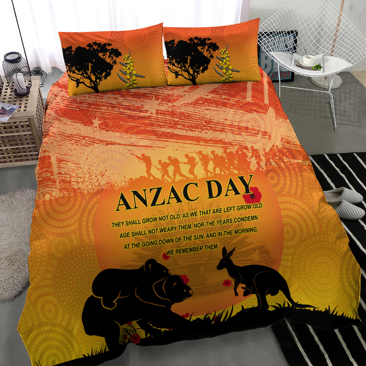 Australia ANZAC Day Bedding Set Koala and Kangaroo Respect Aboriginal Pattern