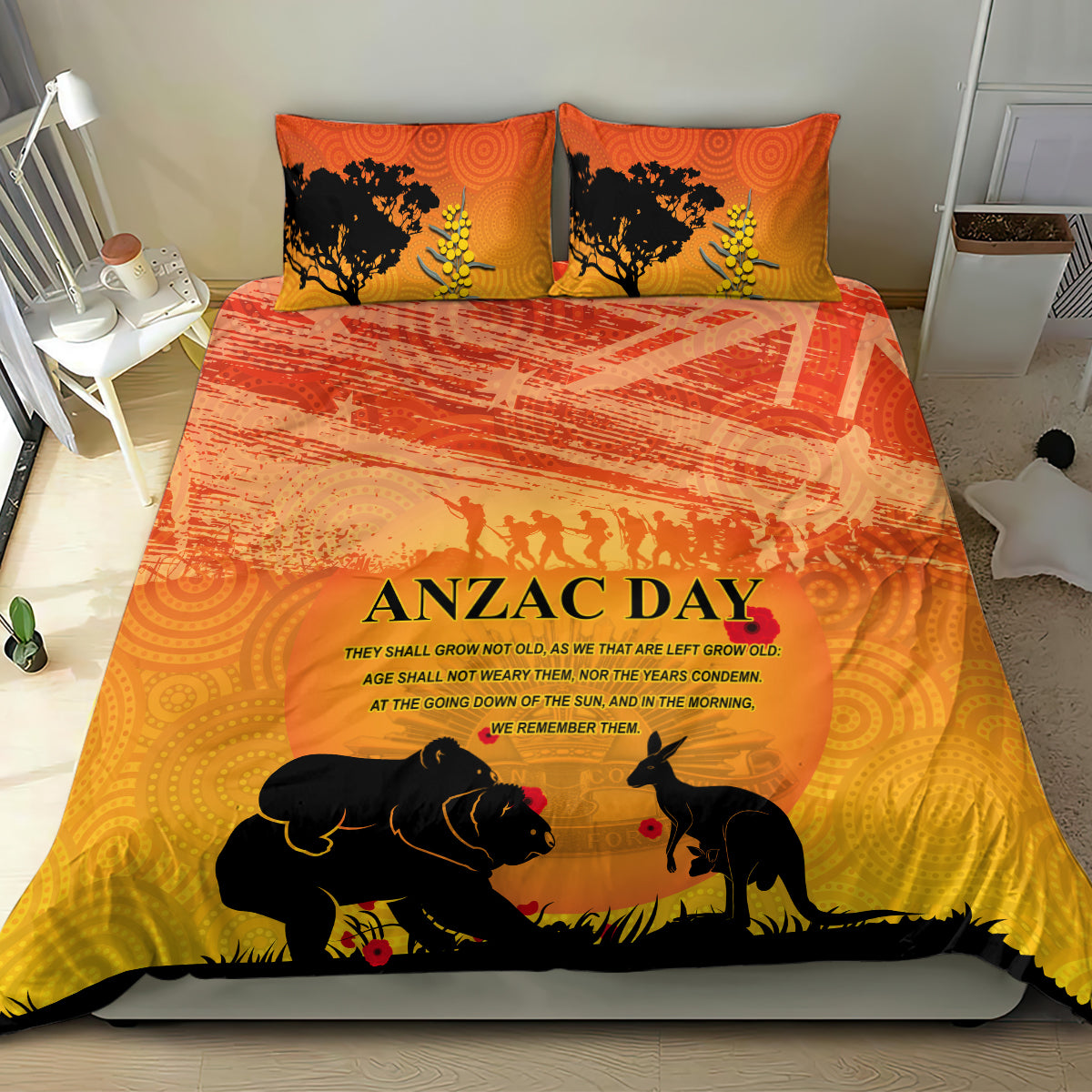 Australia ANZAC Day Bedding Set Koala and Kangaroo Respect Aboriginal Pattern