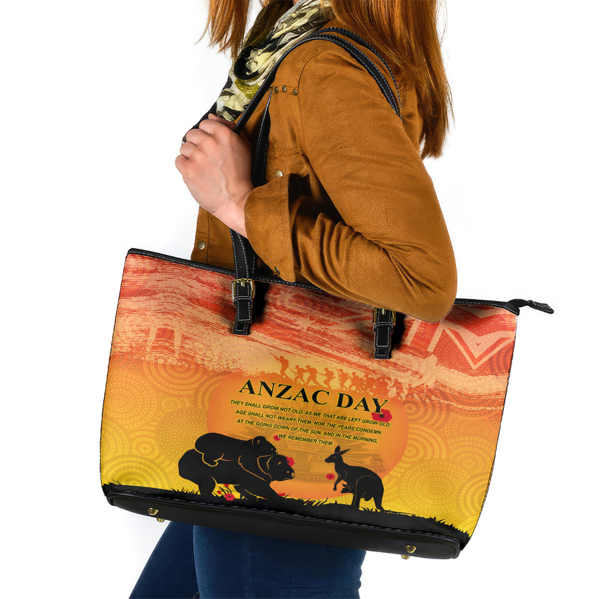 Australia ANZAC Day Leather Tote Bag Koala and Kangaroo Respect Aboriginal Pattern