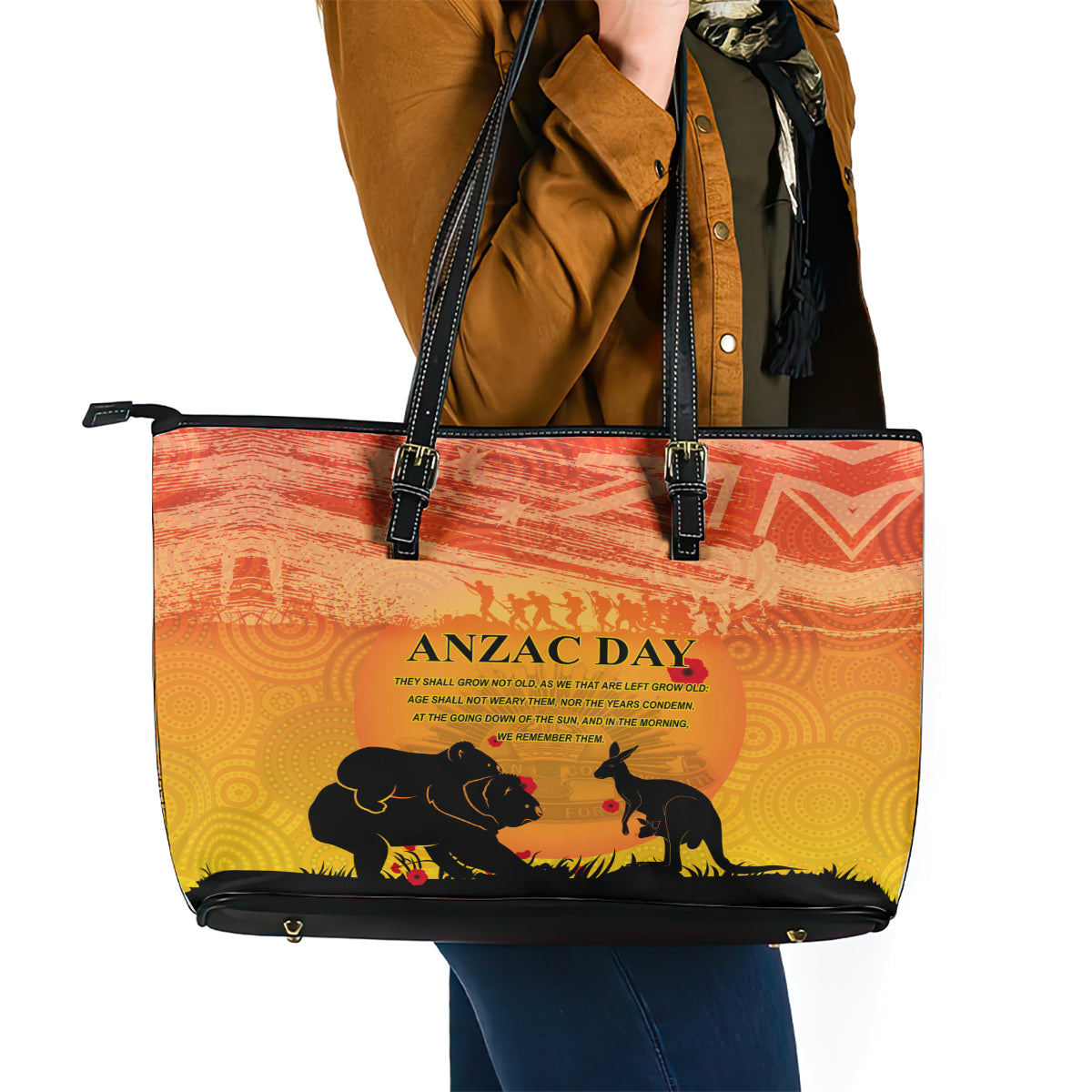 Australia ANZAC Day Leather Tote Bag Koala and Kangaroo Respect Aboriginal Pattern