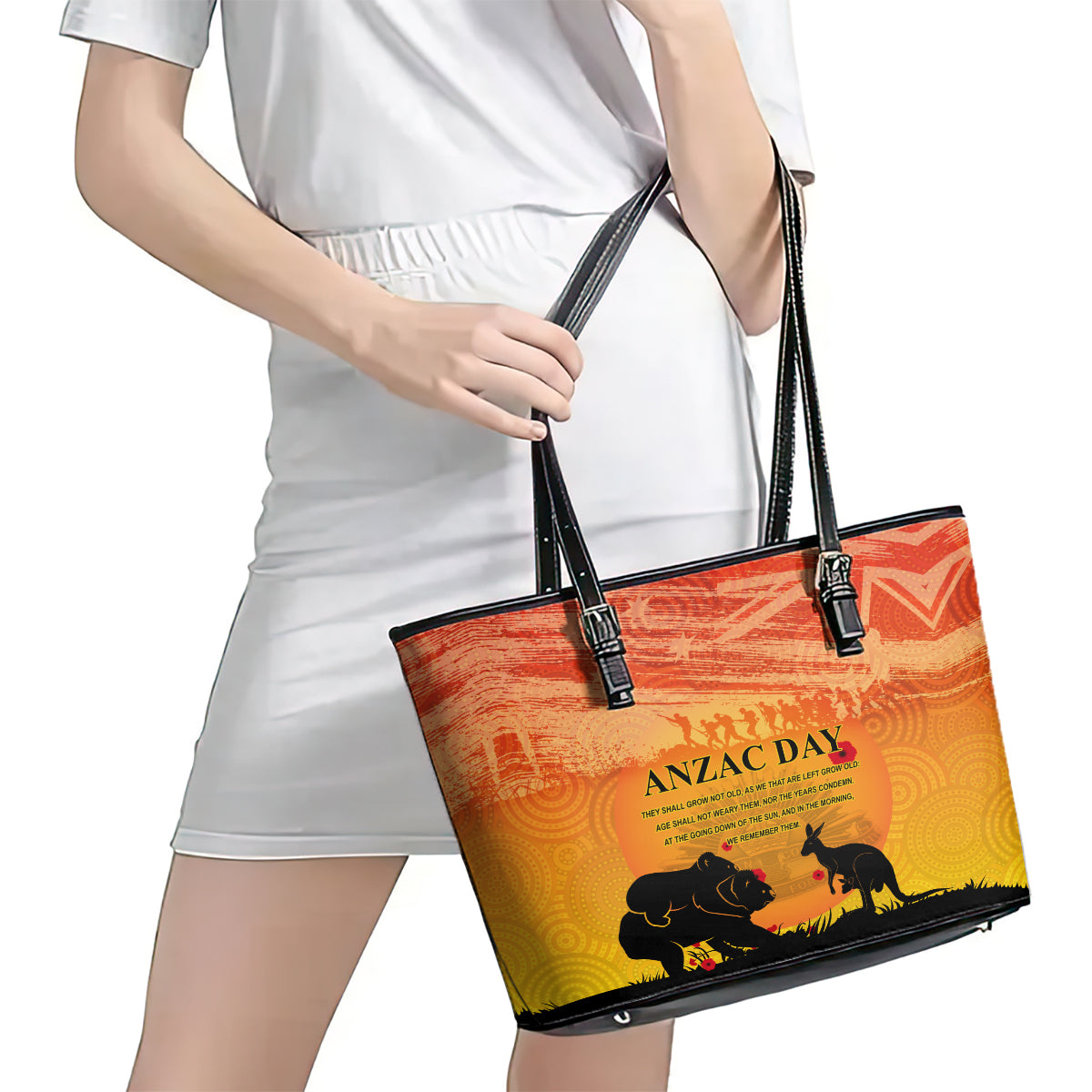 Australia ANZAC Day Leather Tote Bag Koala and Kangaroo Respect Aboriginal Pattern