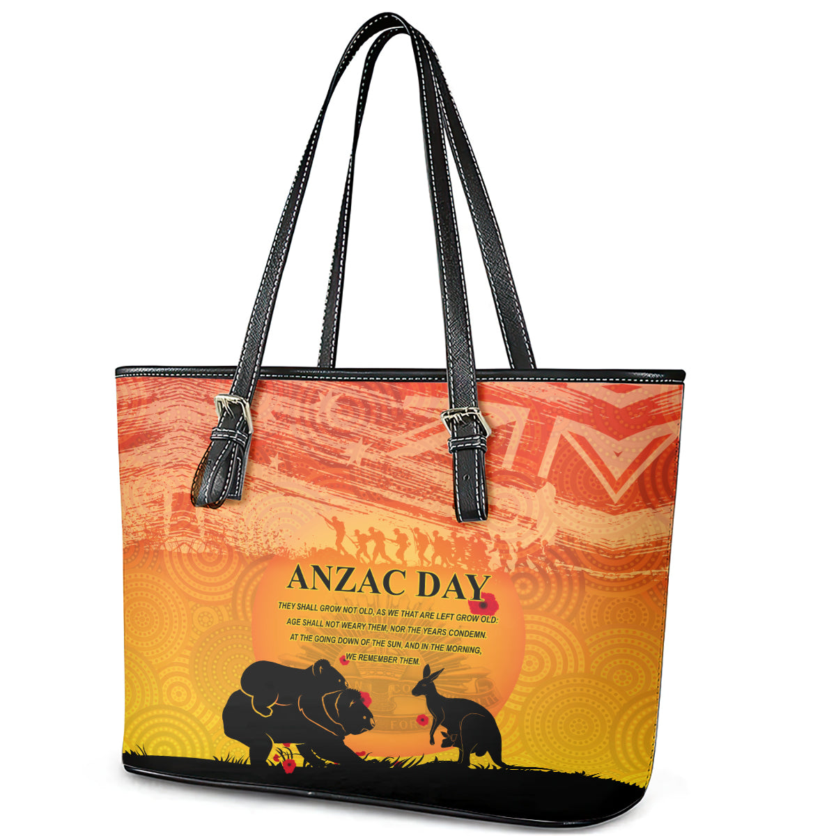 Australia ANZAC Day Leather Tote Bag Koala and Kangaroo Respect Aboriginal Pattern