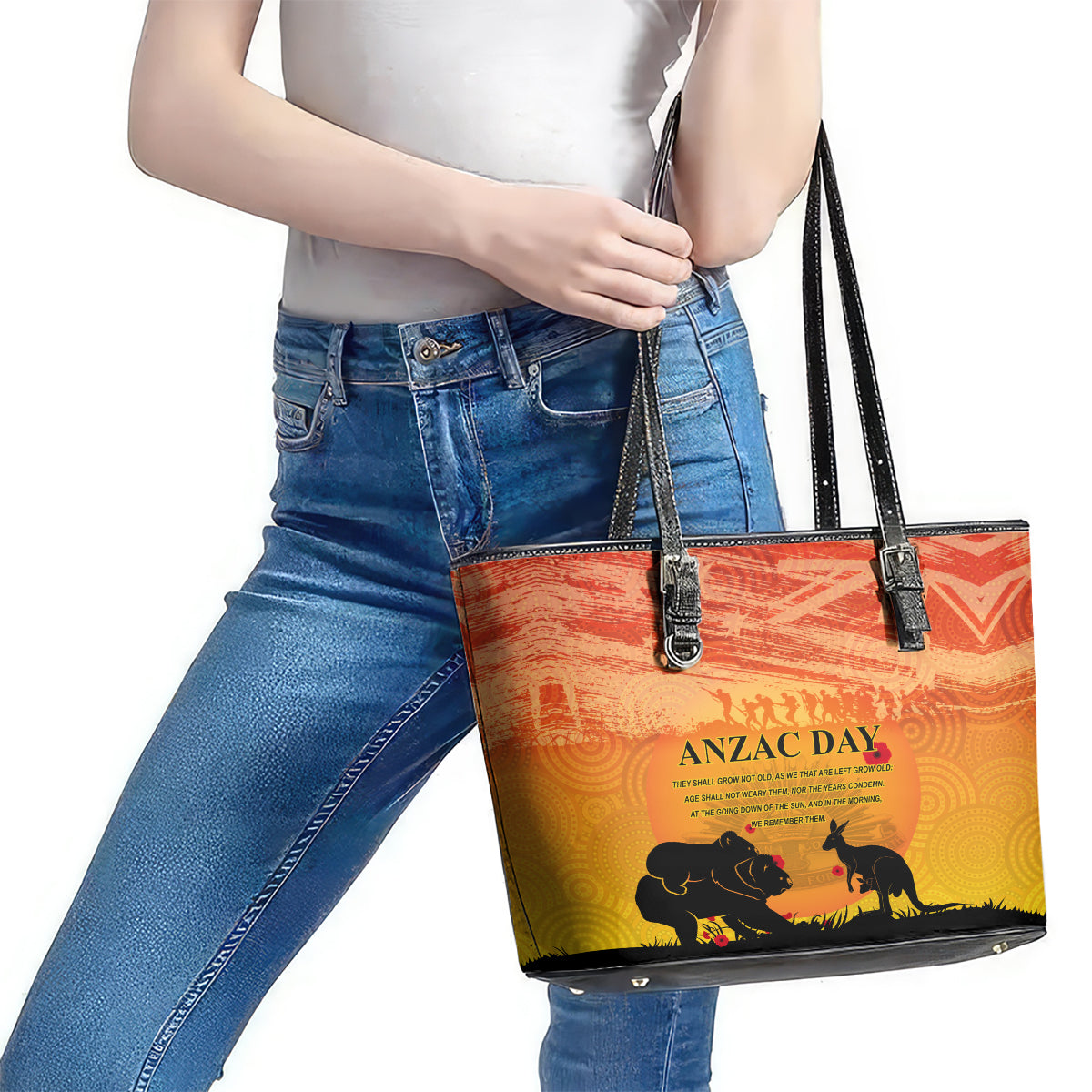 Australia ANZAC Day Leather Tote Bag Koala and Kangaroo Respect Aboriginal Pattern