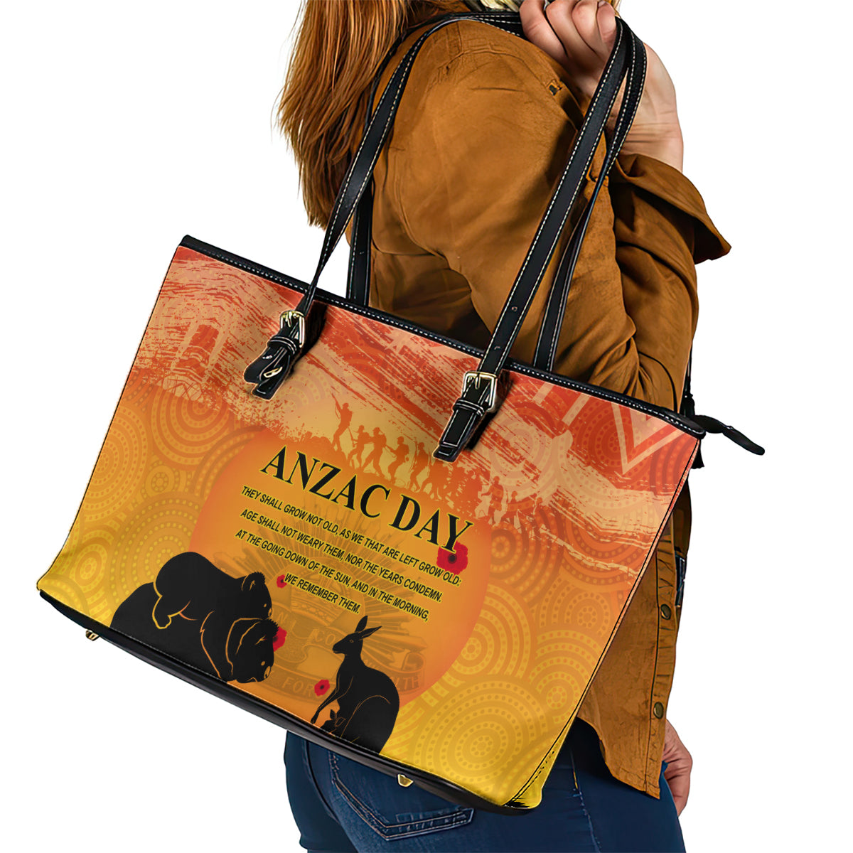 Australia ANZAC Day Leather Tote Bag Koala and Kangaroo Respect Aboriginal Pattern