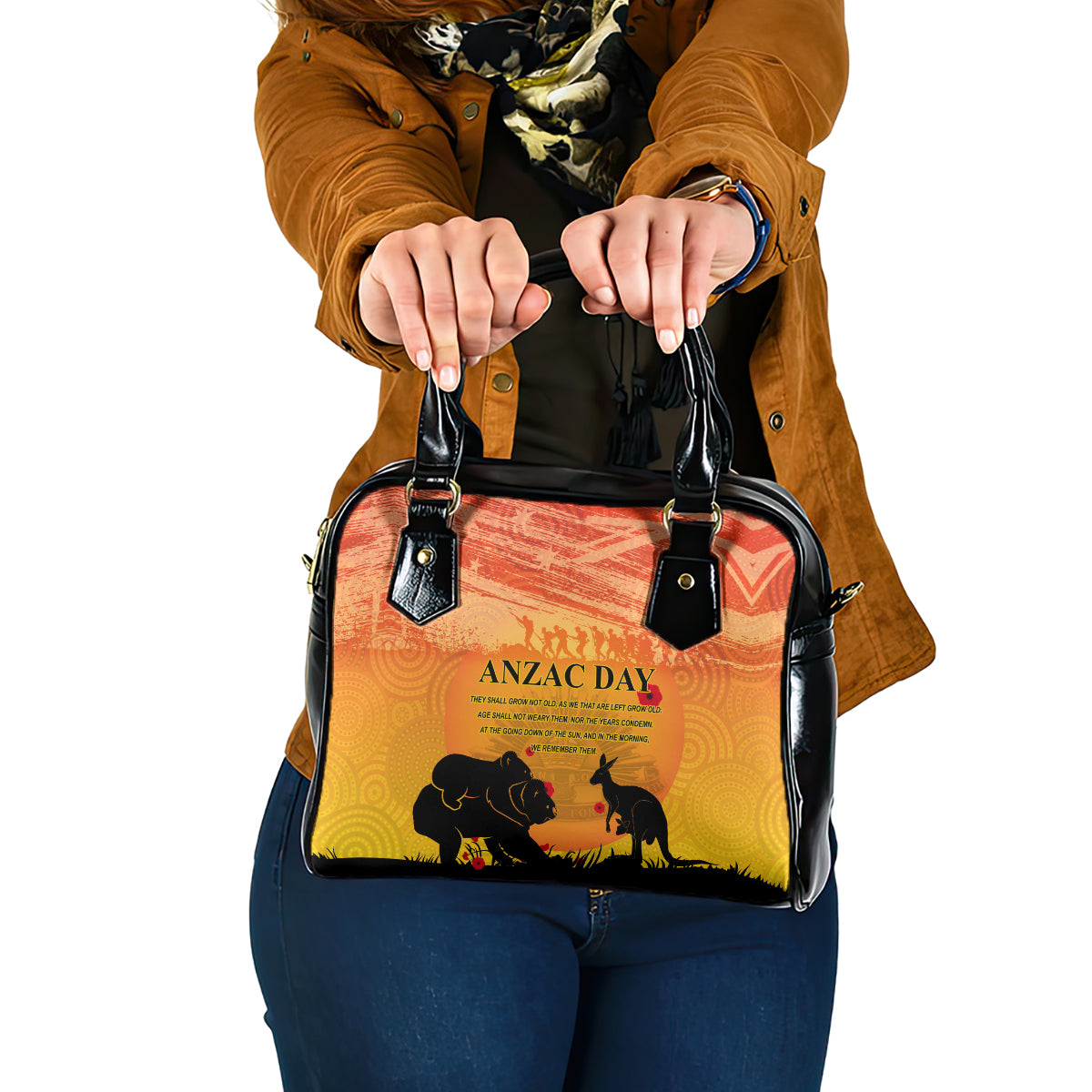 Australia ANZAC Day Shoulder Handbag Koala and Kangaroo Respect Aboriginal Pattern