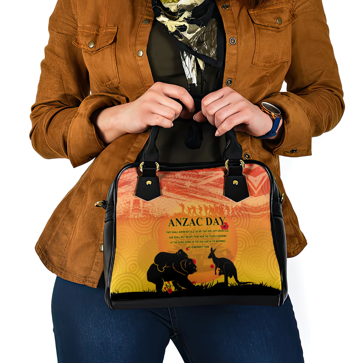 Australia ANZAC Day Shoulder Handbag Koala and Kangaroo Respect Aboriginal Pattern