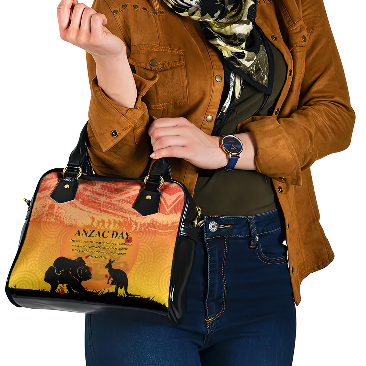 Australia ANZAC Day Shoulder Handbag Koala and Kangaroo Respect Aboriginal Pattern