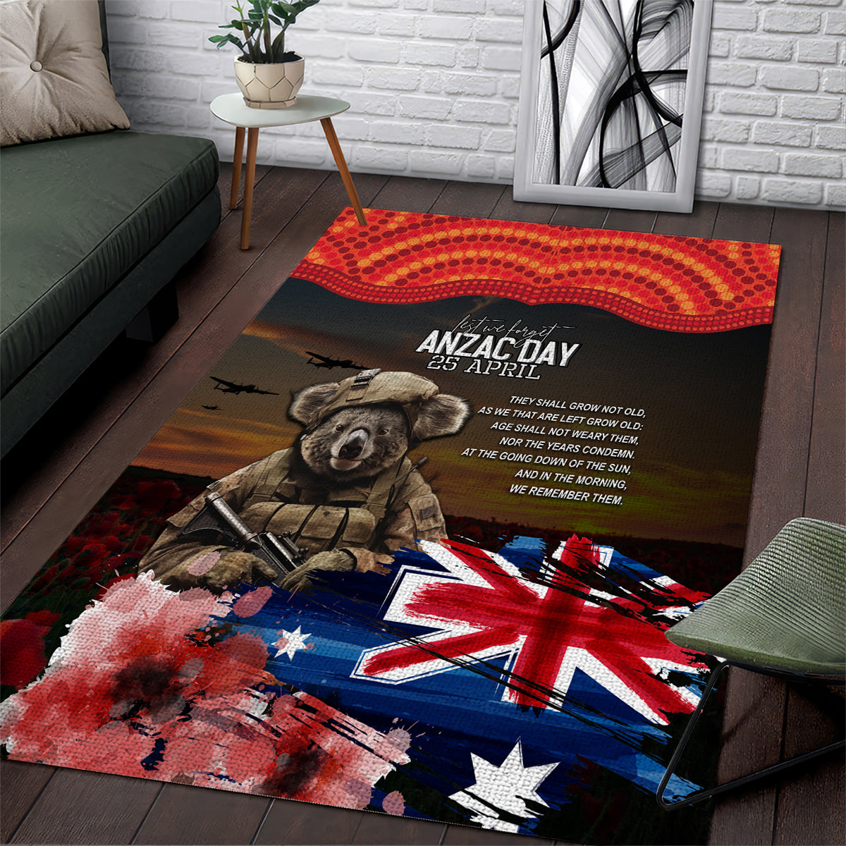 Australia ANZAC Day Area Rug Koala and Kangaroo Red Poppy Flower Field Aboriginal Pattern