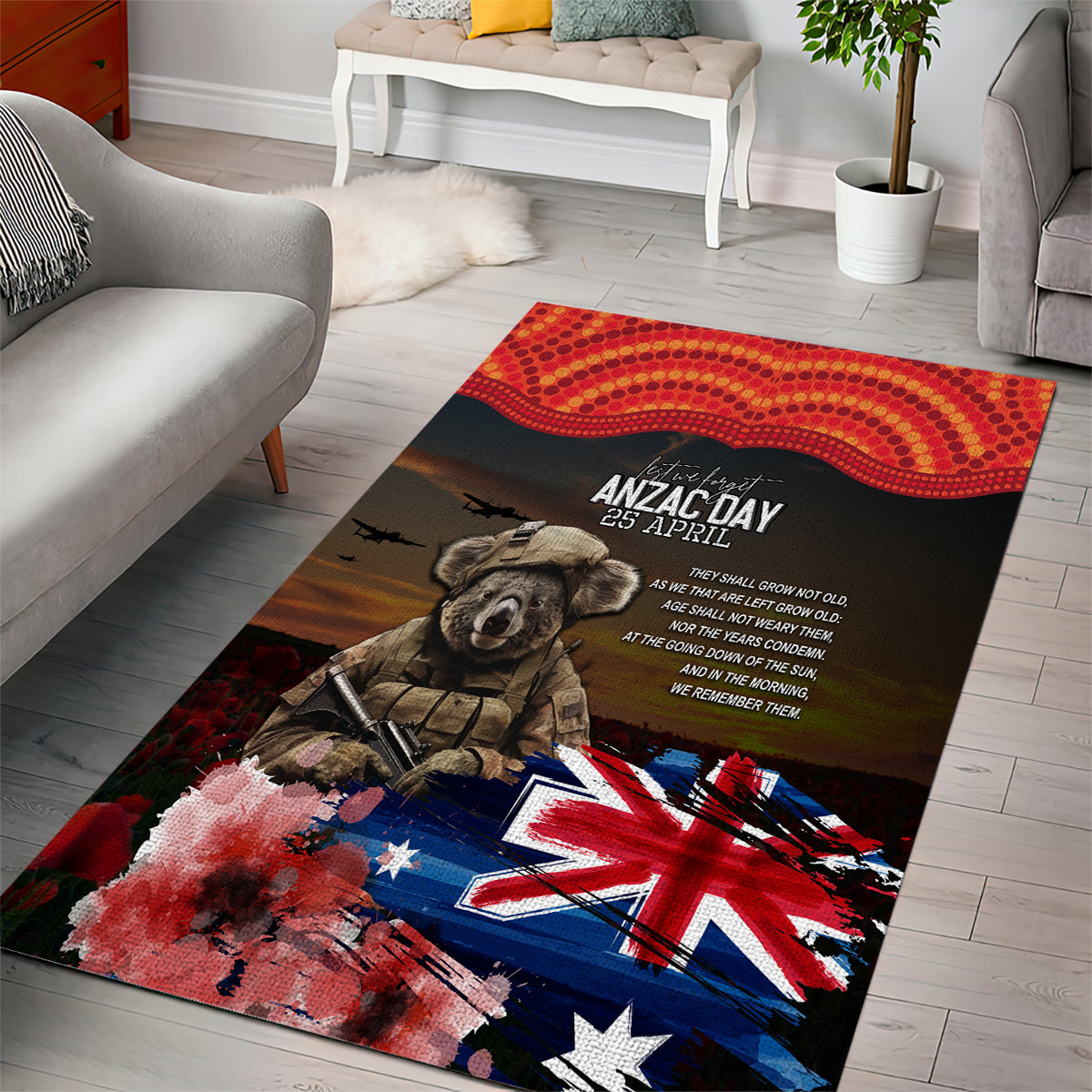 Australia ANZAC Day Area Rug Koala and Kangaroo Red Poppy Flower Field Aboriginal Pattern