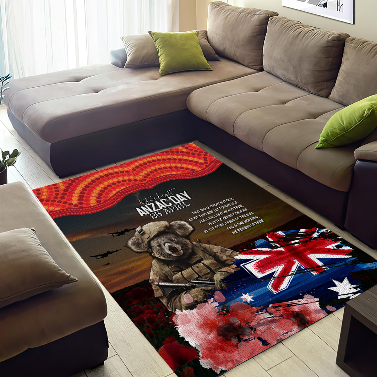 Australia ANZAC Day Area Rug Koala and Kangaroo Red Poppy Flower Field Aboriginal Pattern