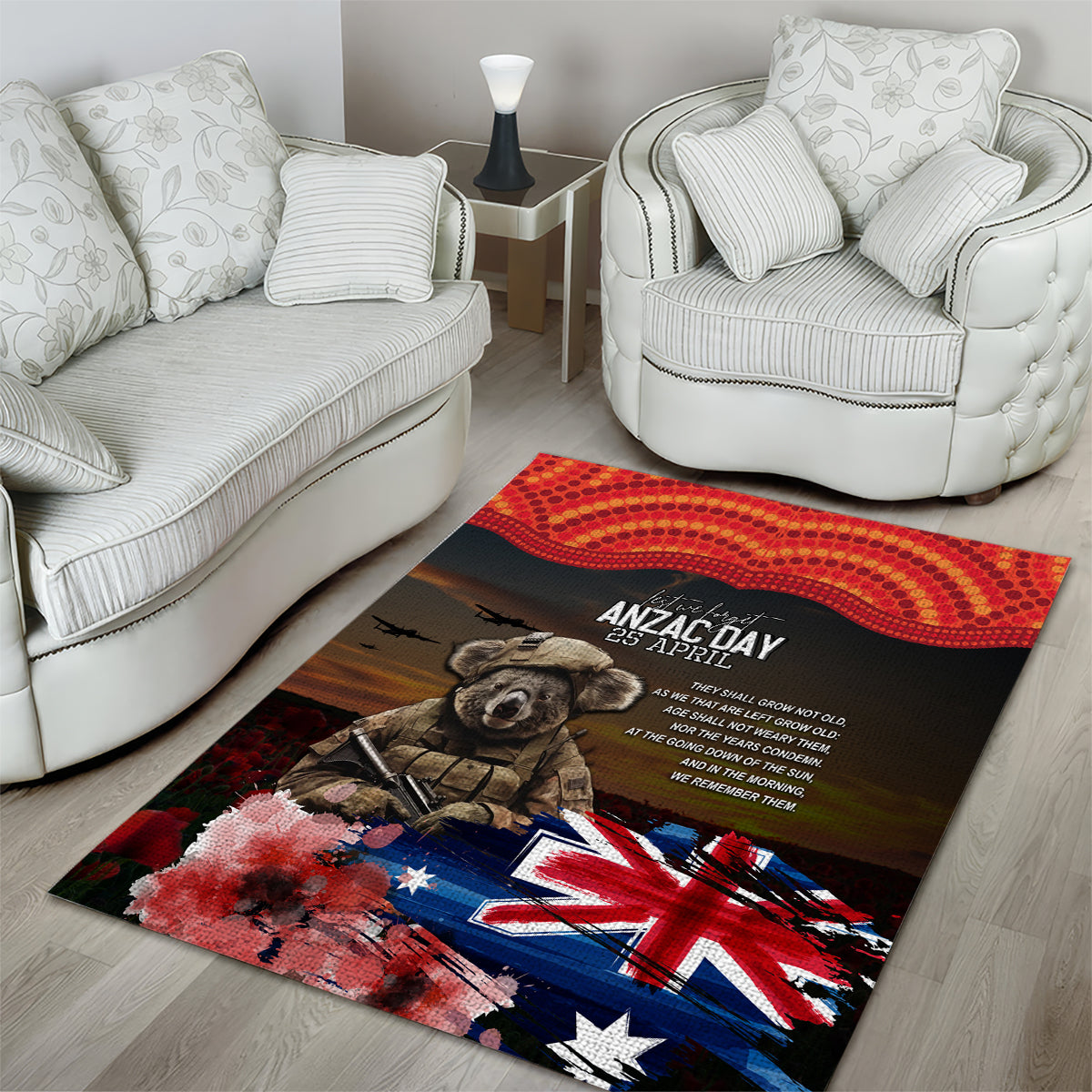 Australia ANZAC Day Area Rug Koala and Kangaroo Red Poppy Flower Field Aboriginal Pattern