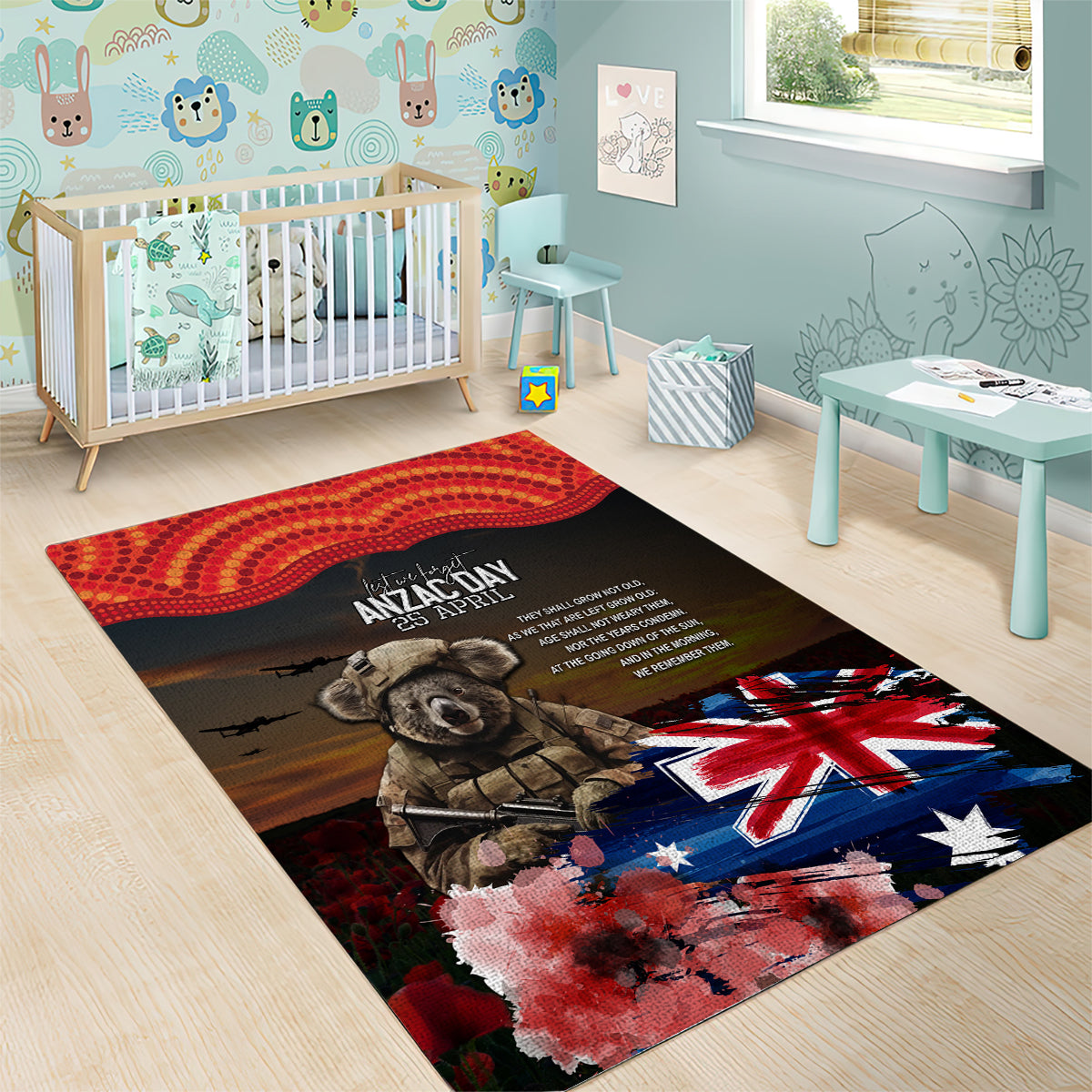 Australia ANZAC Day Area Rug Koala and Kangaroo Red Poppy Flower Field Aboriginal Pattern