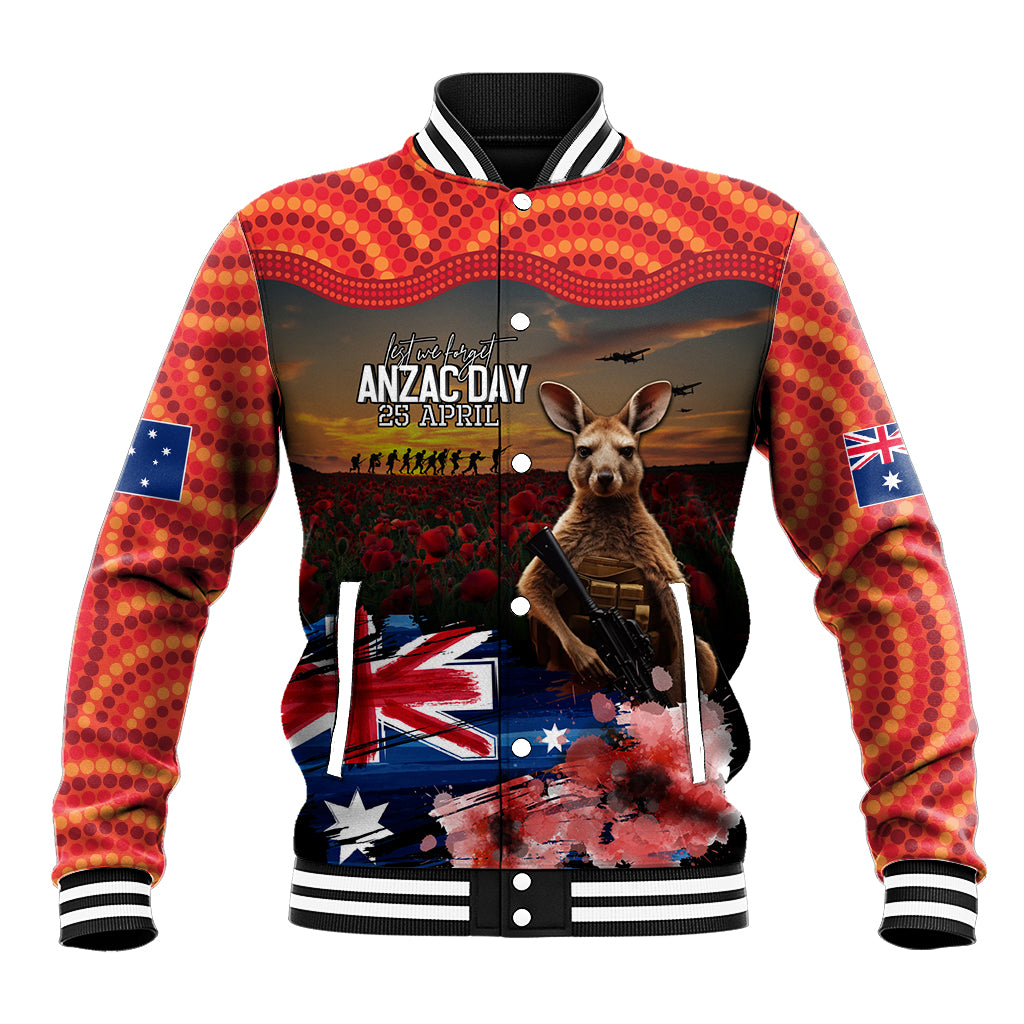 Australia ANZAC Day Baseball Jacket Koala and Kangaroo Red Poppy Flower Field Aboriginal Pattern