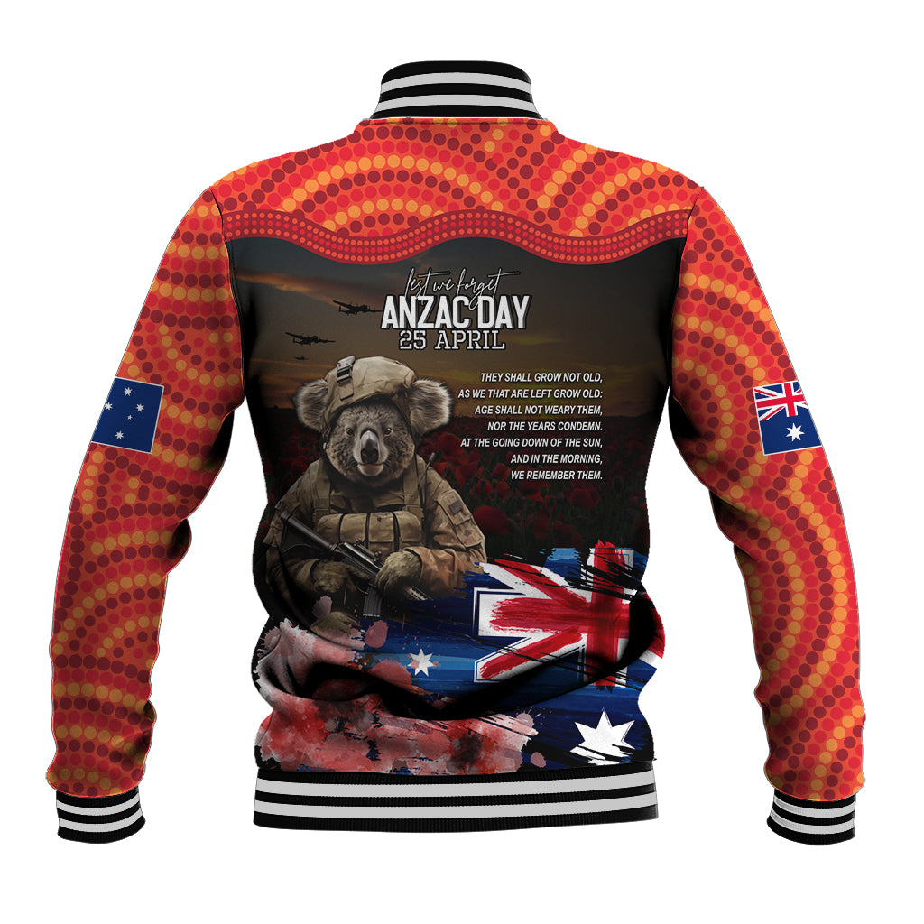 Australia ANZAC Day Baseball Jacket Koala and Kangaroo Red Poppy Flower Field Aboriginal Pattern