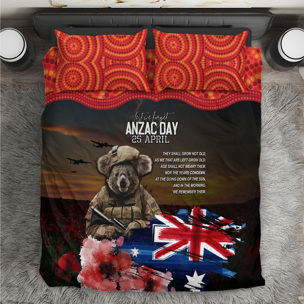 Australia ANZAC Day Bedding Set Koala and Kangaroo Red Poppy Flower Field Aboriginal Pattern