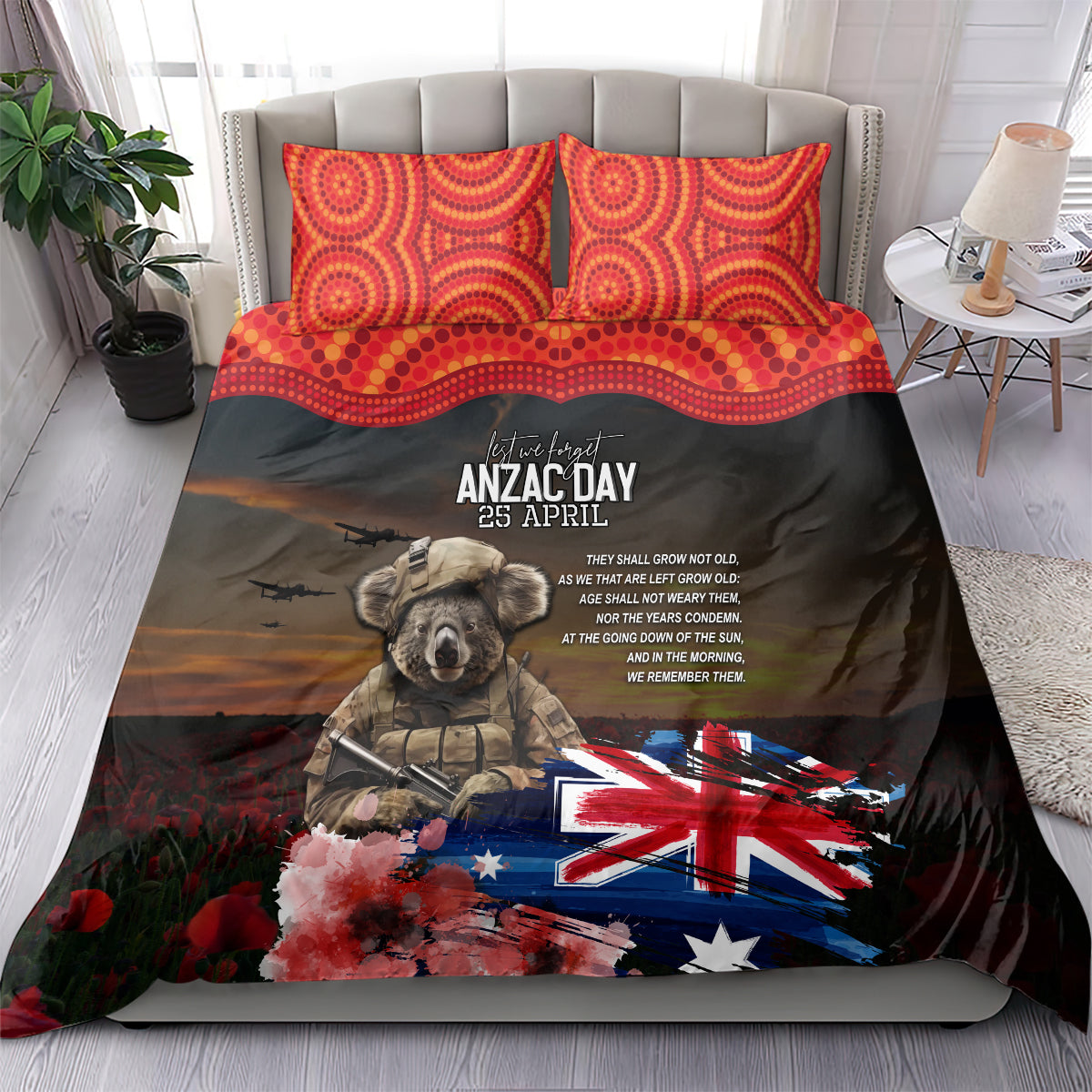 Australia ANZAC Day Bedding Set Koala and Kangaroo Red Poppy Flower Field Aboriginal Pattern