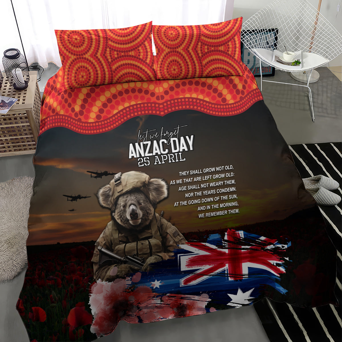 Australia ANZAC Day Bedding Set Koala and Kangaroo Red Poppy Flower Field Aboriginal Pattern