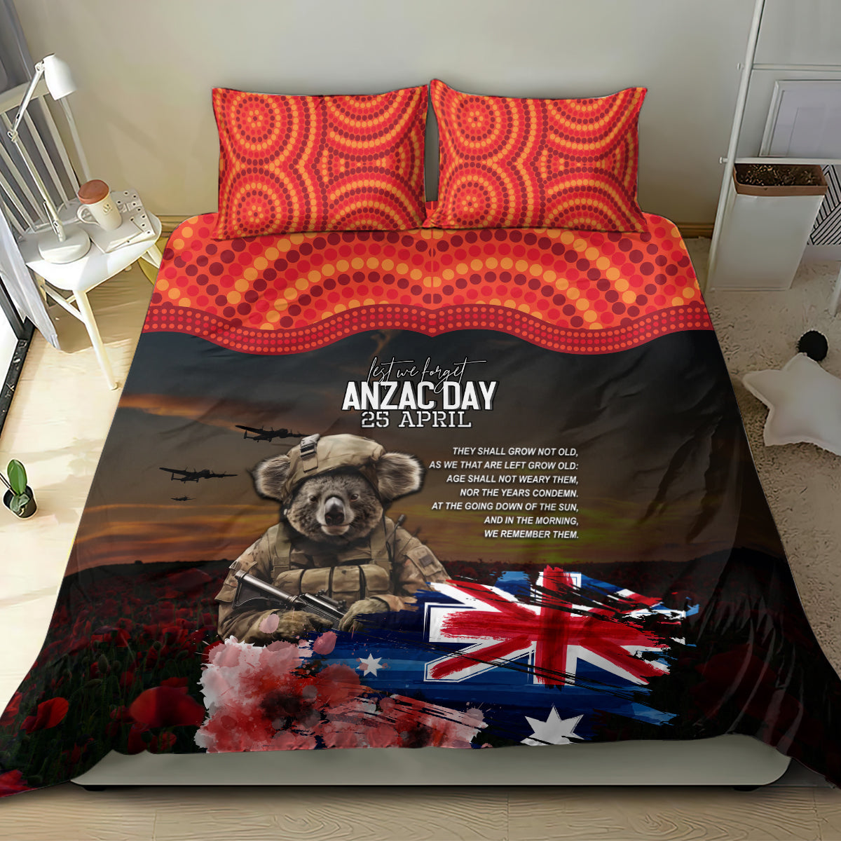 Australia ANZAC Day Bedding Set Koala and Kangaroo Red Poppy Flower Field Aboriginal Pattern