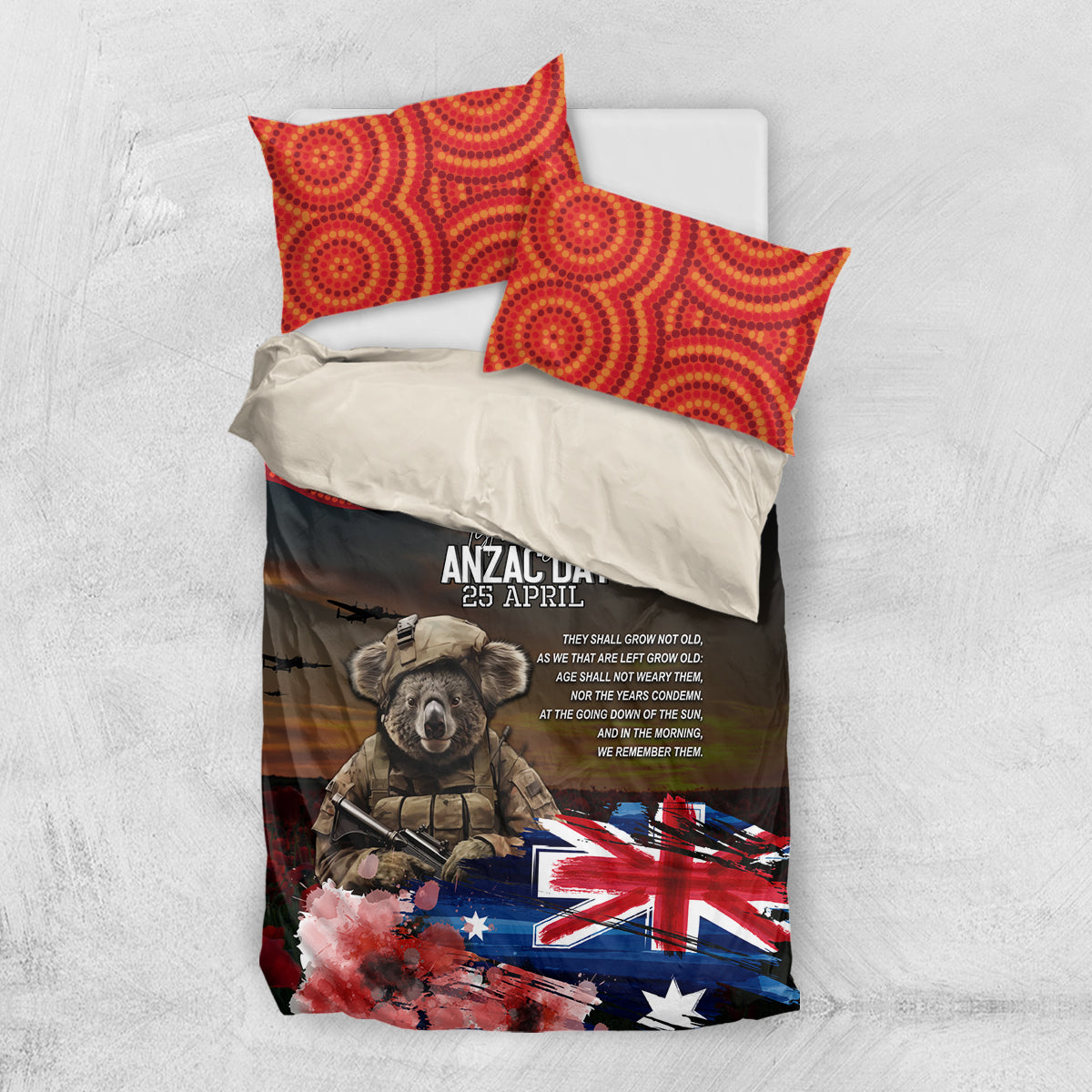 Australia ANZAC Day Bedding Set Koala and Kangaroo Red Poppy Flower Field Aboriginal Pattern