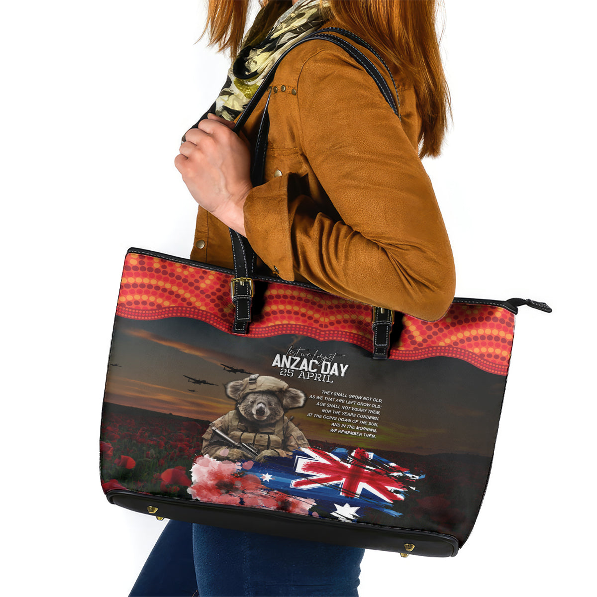 Australia ANZAC Day Leather Tote Bag Koala and Kangaroo Red Poppy Flower Field Aboriginal Pattern