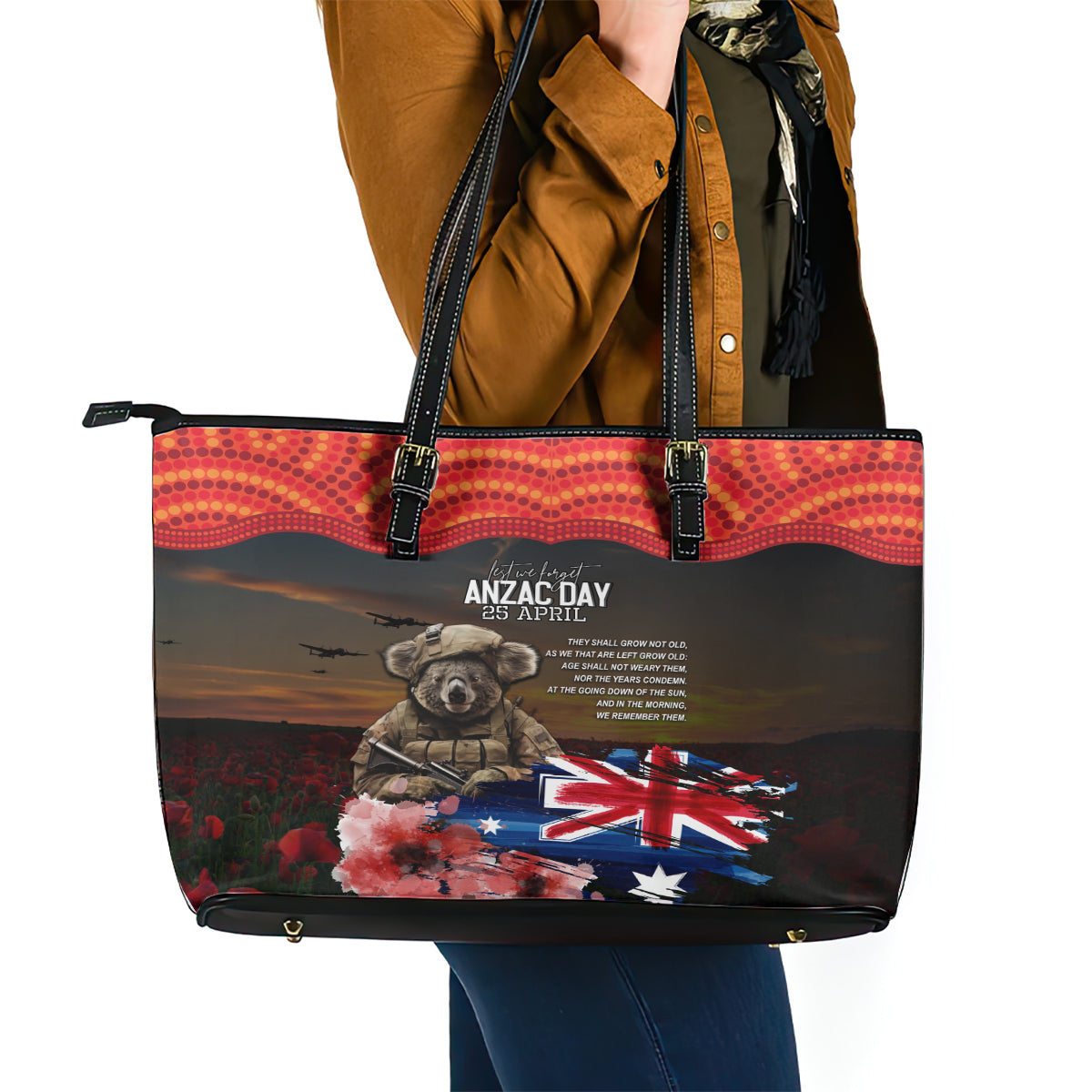 Australia ANZAC Day Leather Tote Bag Koala and Kangaroo Red Poppy Flower Field Aboriginal Pattern