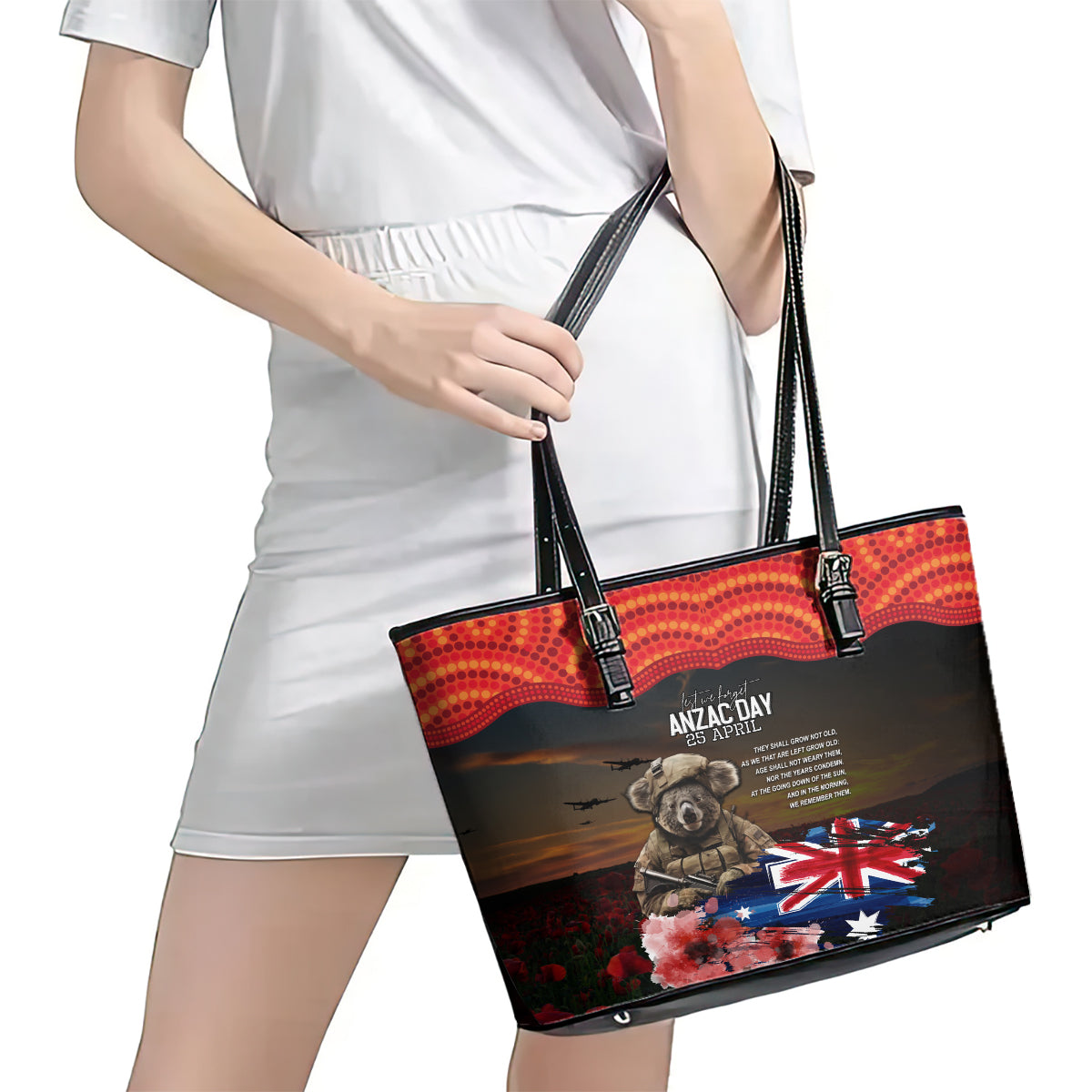 Australia ANZAC Day Leather Tote Bag Koala and Kangaroo Red Poppy Flower Field Aboriginal Pattern