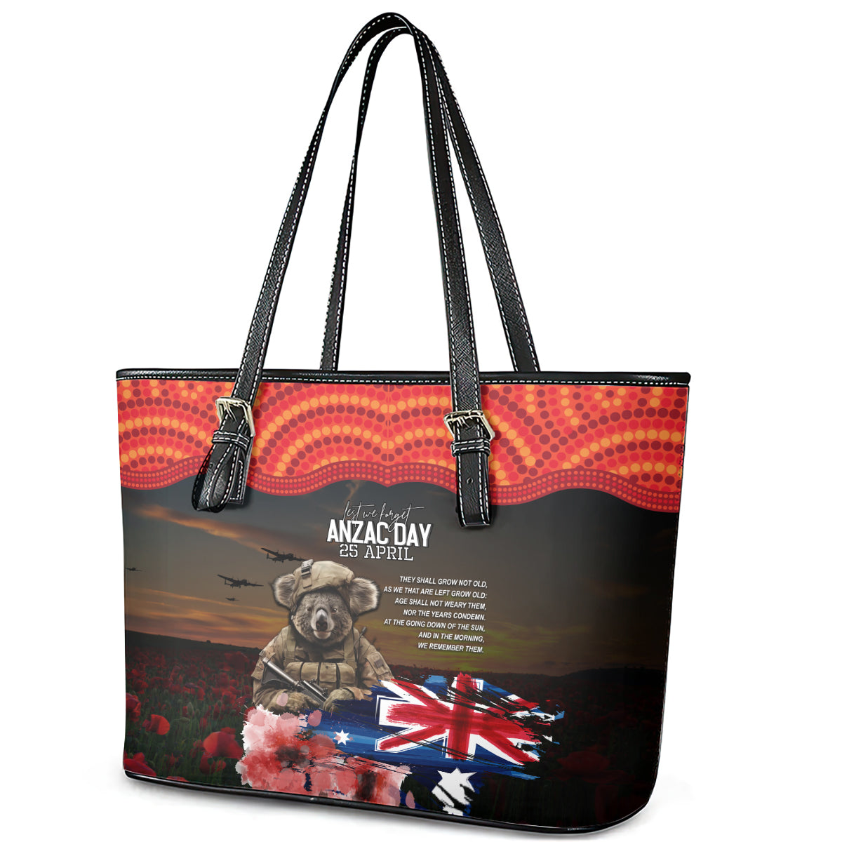 Australia ANZAC Day Leather Tote Bag Koala and Kangaroo Red Poppy Flower Field Aboriginal Pattern