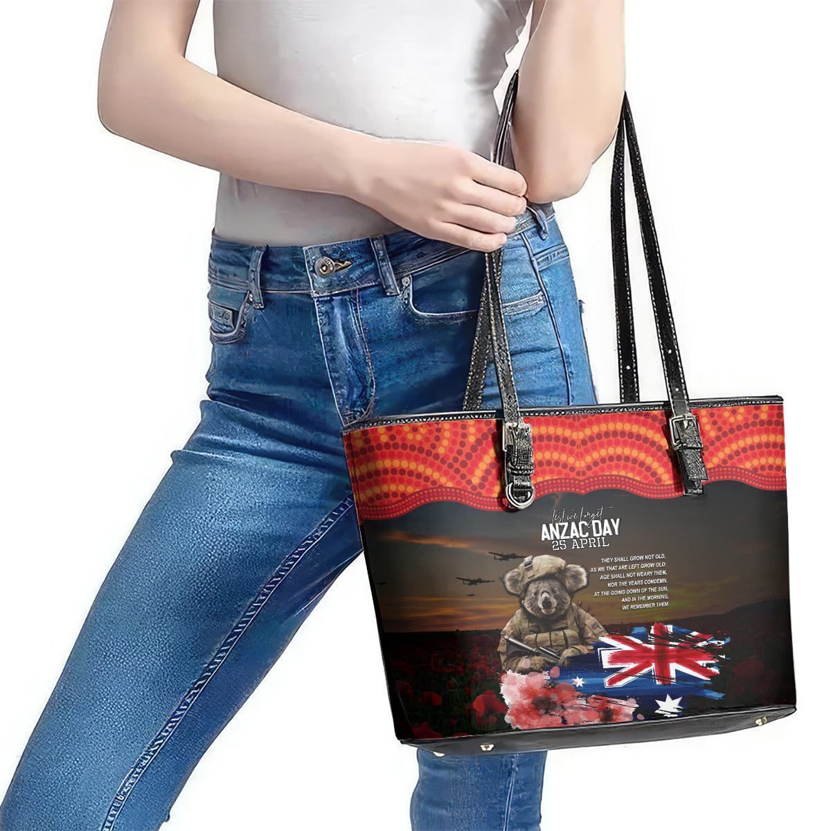 Australia ANZAC Day Leather Tote Bag Koala and Kangaroo Red Poppy Flower Field Aboriginal Pattern