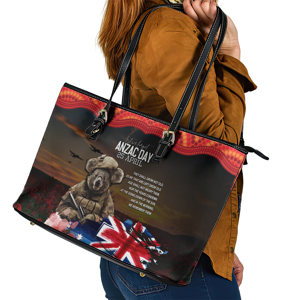 Australia ANZAC Day Leather Tote Bag Koala and Kangaroo Red Poppy Flower Field Aboriginal Pattern