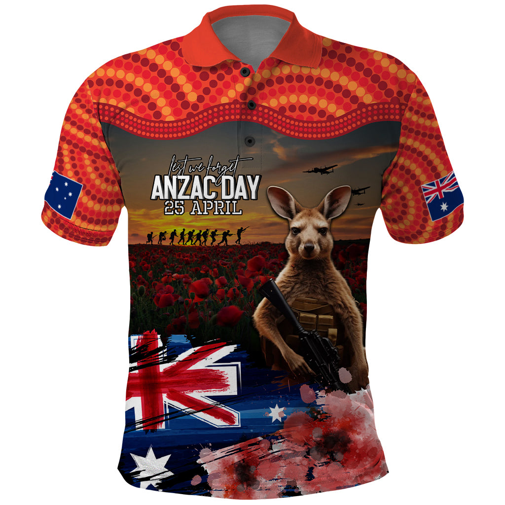 Australia ANZAC Day Polo Shirt Koala and Kangaroo Red Poppy Flower Field Aboriginal Pattern