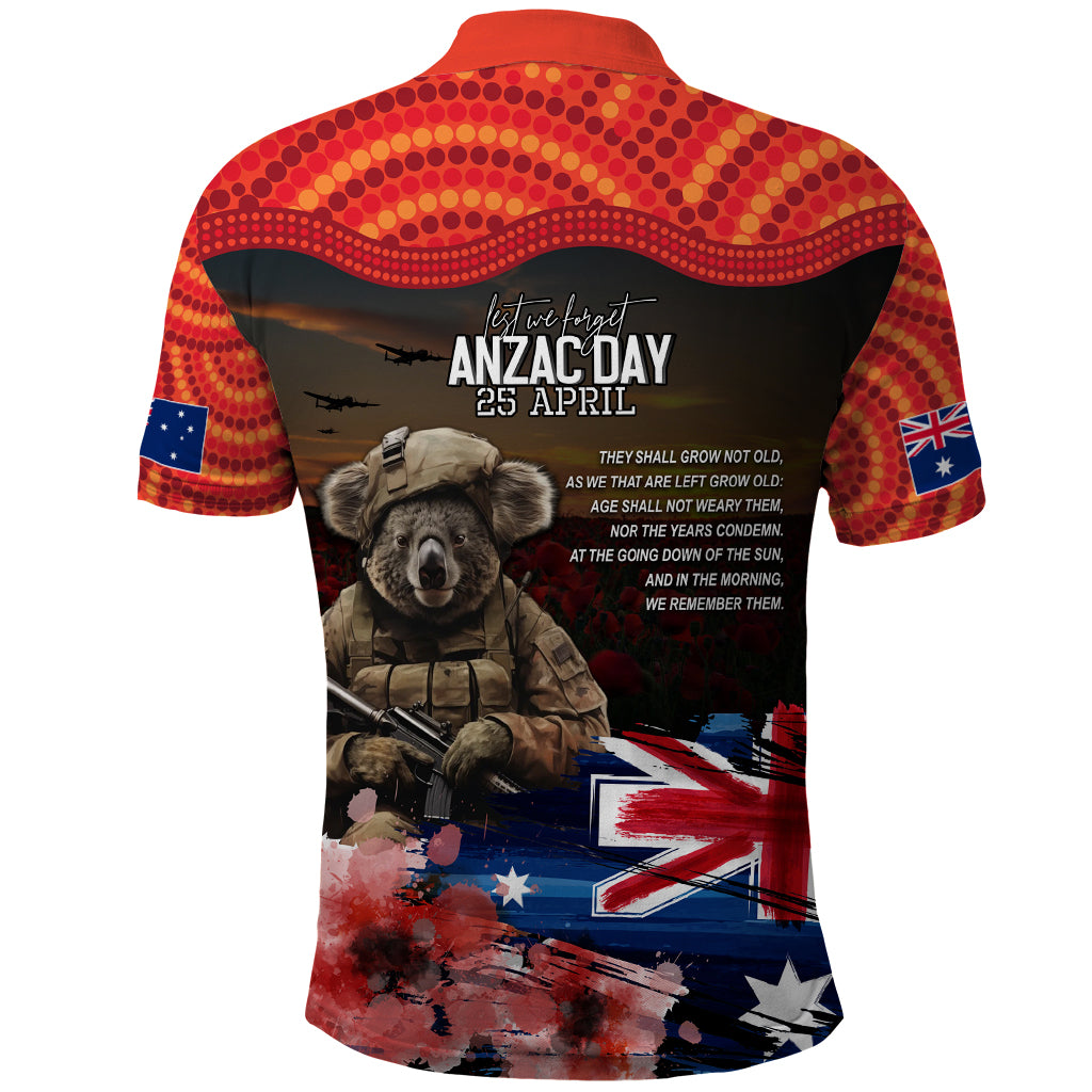 Australia ANZAC Day Polo Shirt Koala and Kangaroo Red Poppy Flower Field Aboriginal Pattern