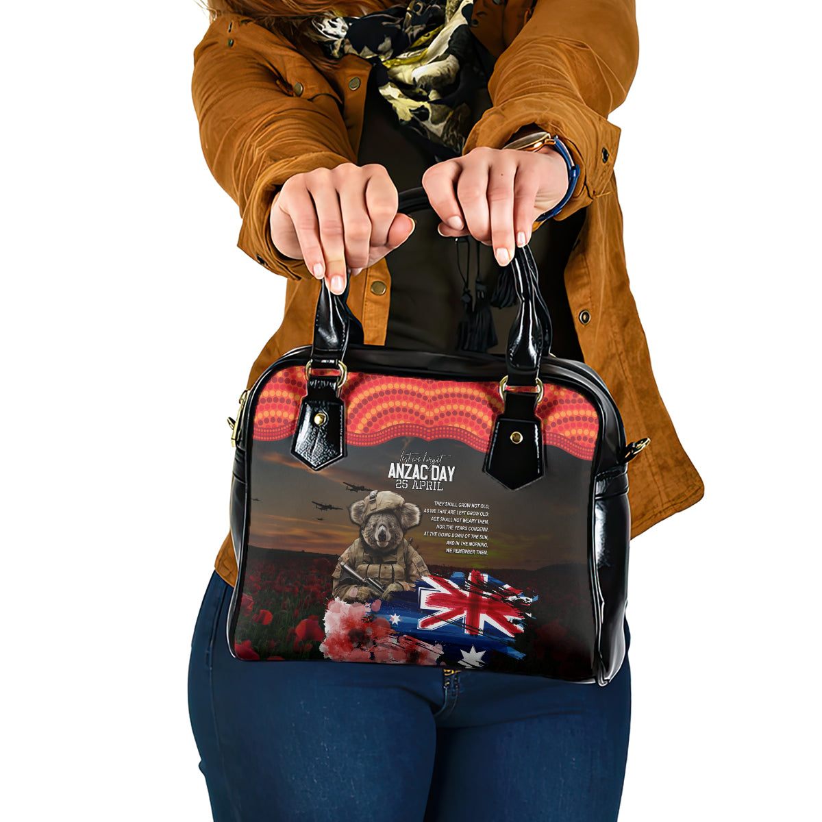 Australia ANZAC Day Shoulder Handbag Koala and Kangaroo Red Poppy Flower Field Aboriginal Pattern