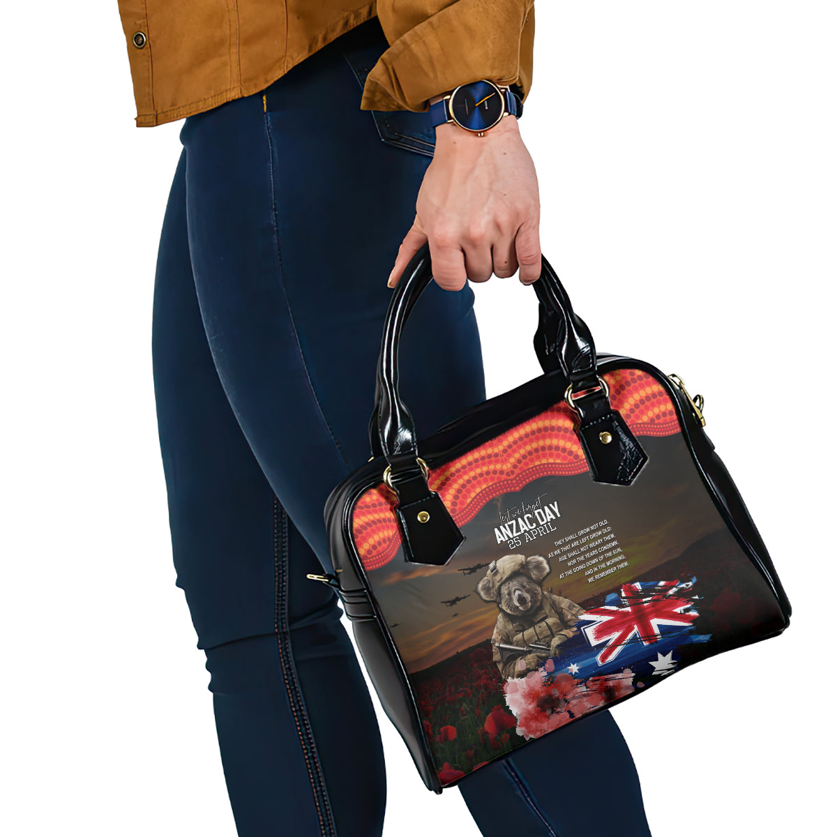 Australia ANZAC Day Shoulder Handbag Koala and Kangaroo Red Poppy Flower Field Aboriginal Pattern