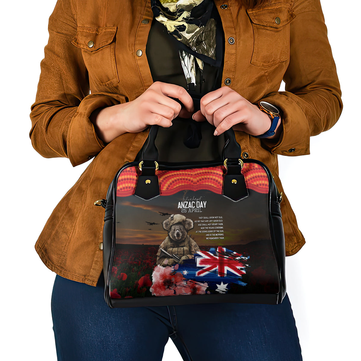 Australia ANZAC Day Shoulder Handbag Koala and Kangaroo Red Poppy Flower Field Aboriginal Pattern