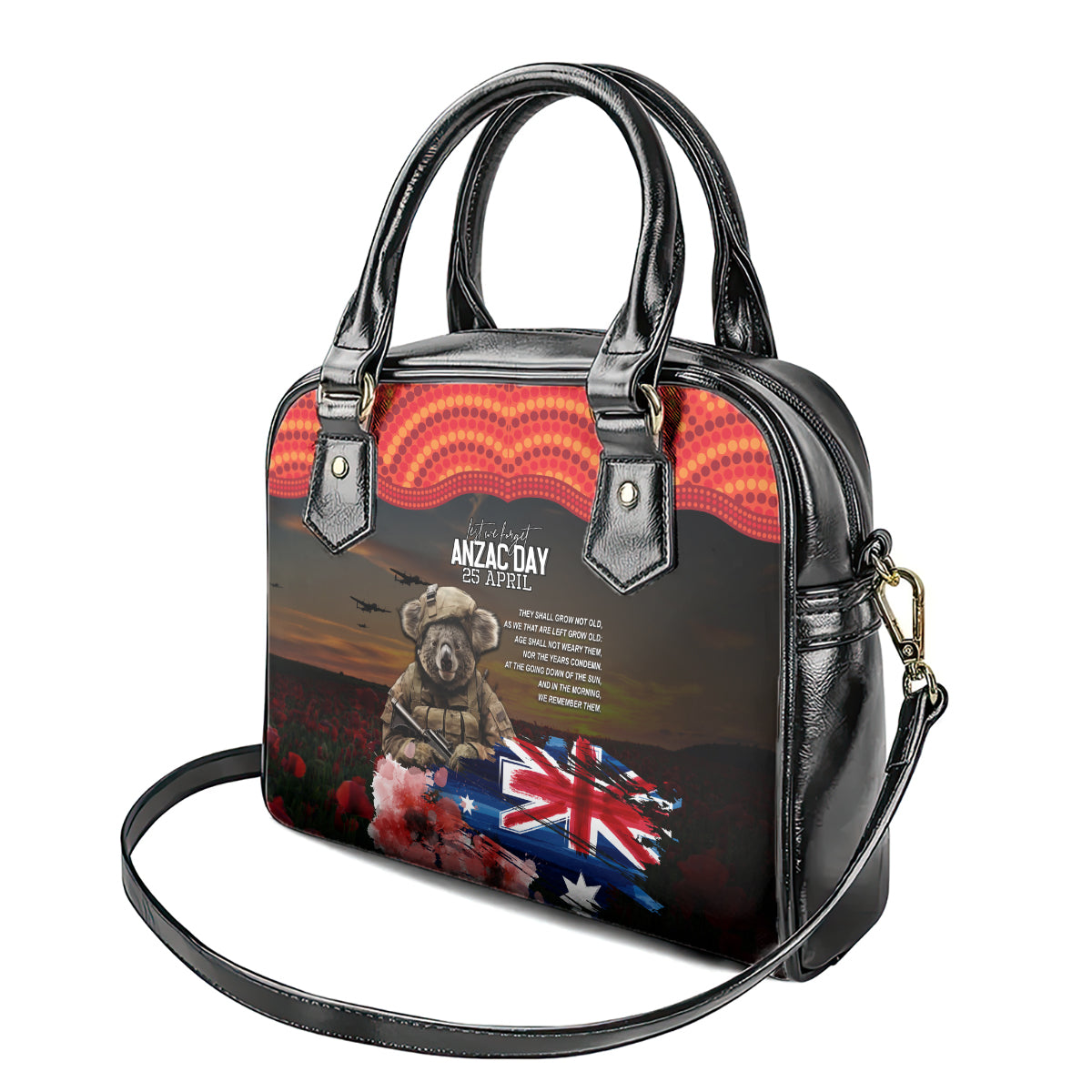 Australia ANZAC Day Shoulder Handbag Koala and Kangaroo Red Poppy Flower Field Aboriginal Pattern