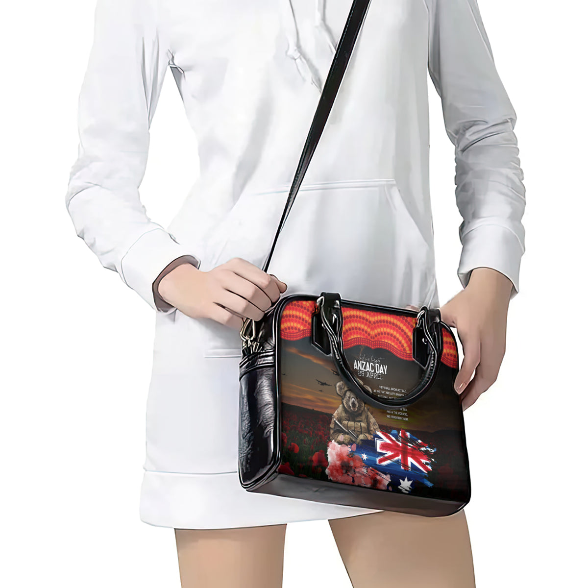 Australia ANZAC Day Shoulder Handbag Koala and Kangaroo Red Poppy Flower Field Aboriginal Pattern