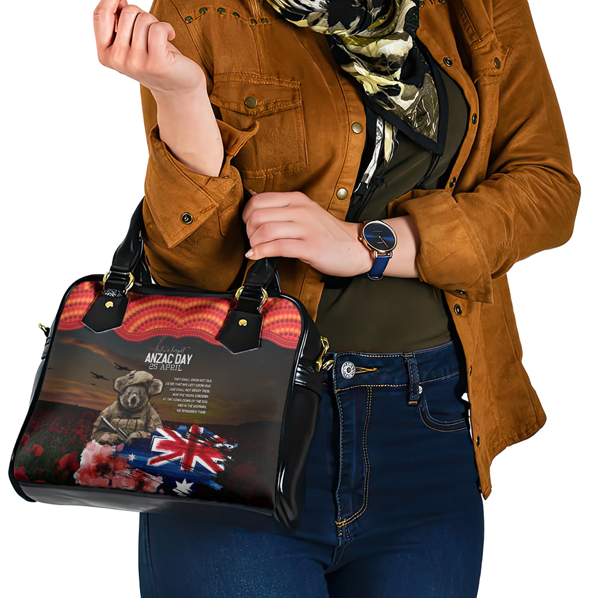 Australia ANZAC Day Shoulder Handbag Koala and Kangaroo Red Poppy Flower Field Aboriginal Pattern