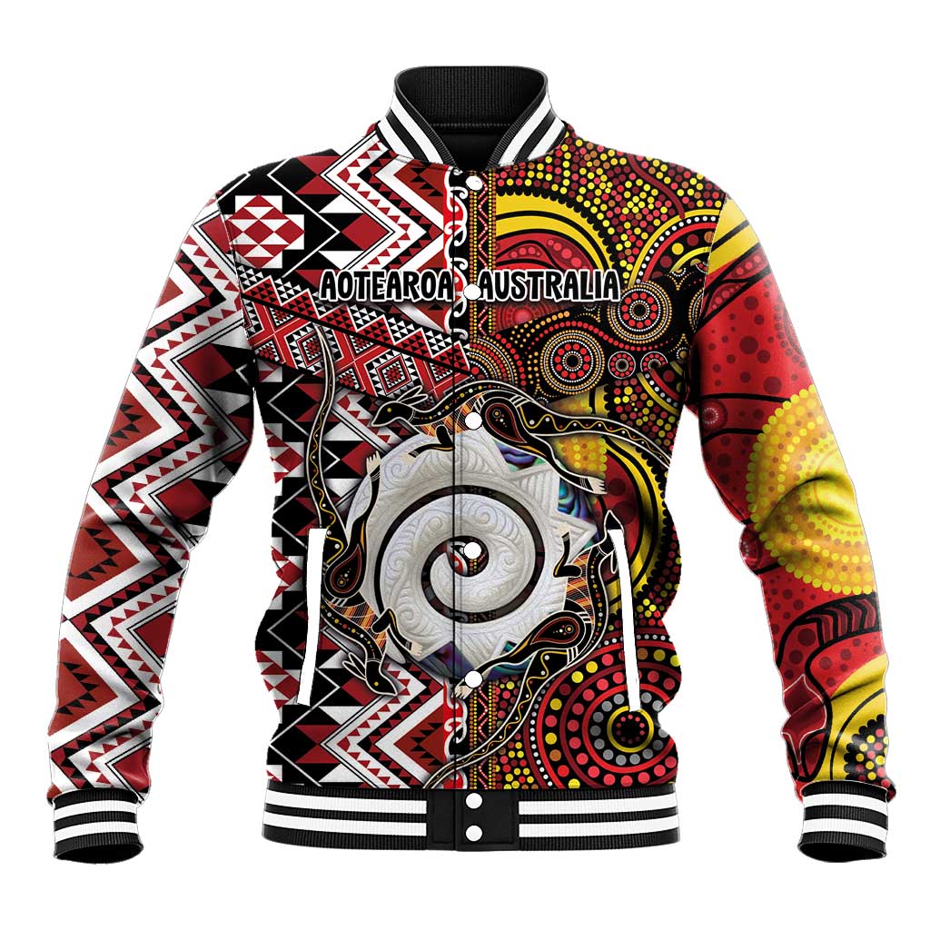 Personalised Aotearoa and Australia Together Baseball Jacket Koru and Kangaroo - Taniko with Aboriginal Motif