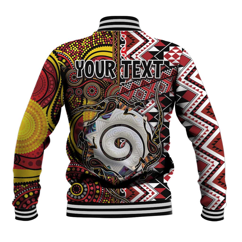 Personalised Aotearoa and Australia Together Baseball Jacket Koru and Kangaroo - Taniko with Aboriginal Motif