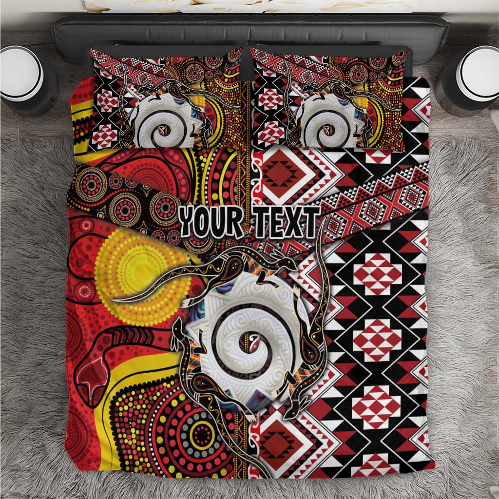 Personalised Aotearoa and Australia Together Bedding Set Koru and Kangaroo - Taniko with Aboriginal Motif