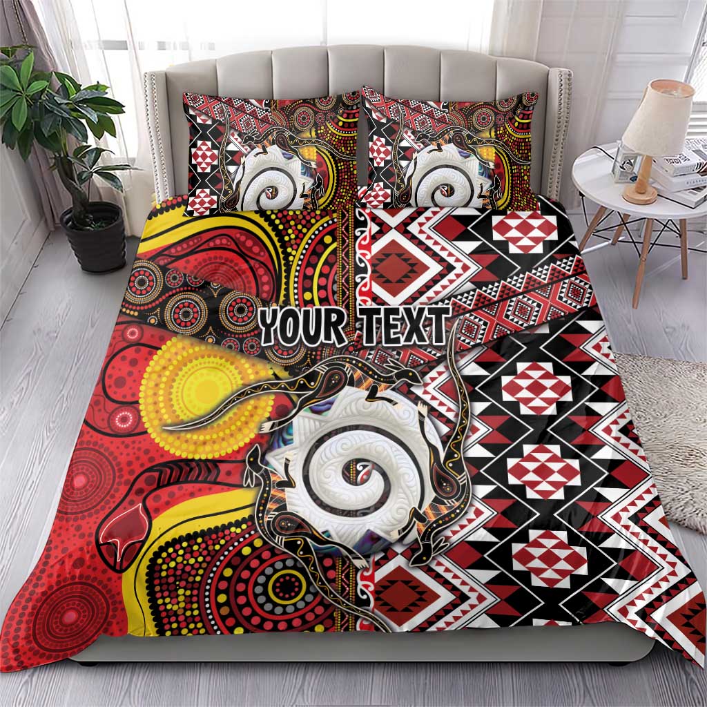 Personalised Aotearoa and Australia Together Bedding Set Koru and Kangaroo - Taniko with Aboriginal Motif