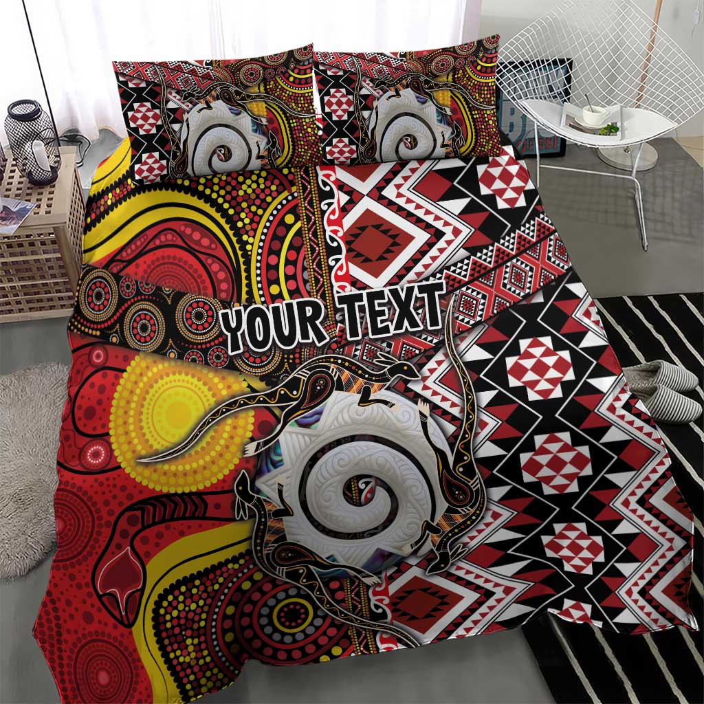 Personalised Aotearoa and Australia Together Bedding Set Koru and Kangaroo - Taniko with Aboriginal Motif