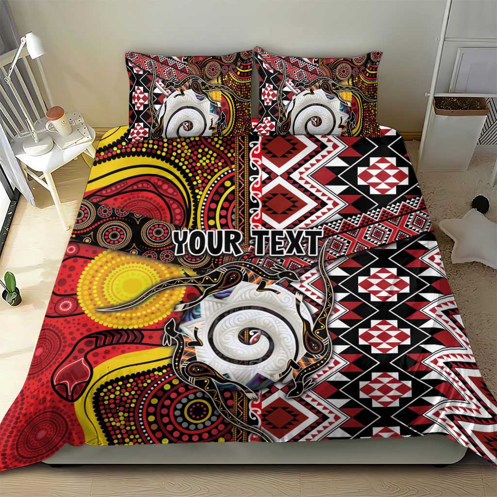 Personalised Aotearoa and Australia Together Bedding Set Koru and Kangaroo - Taniko with Aboriginal Motif